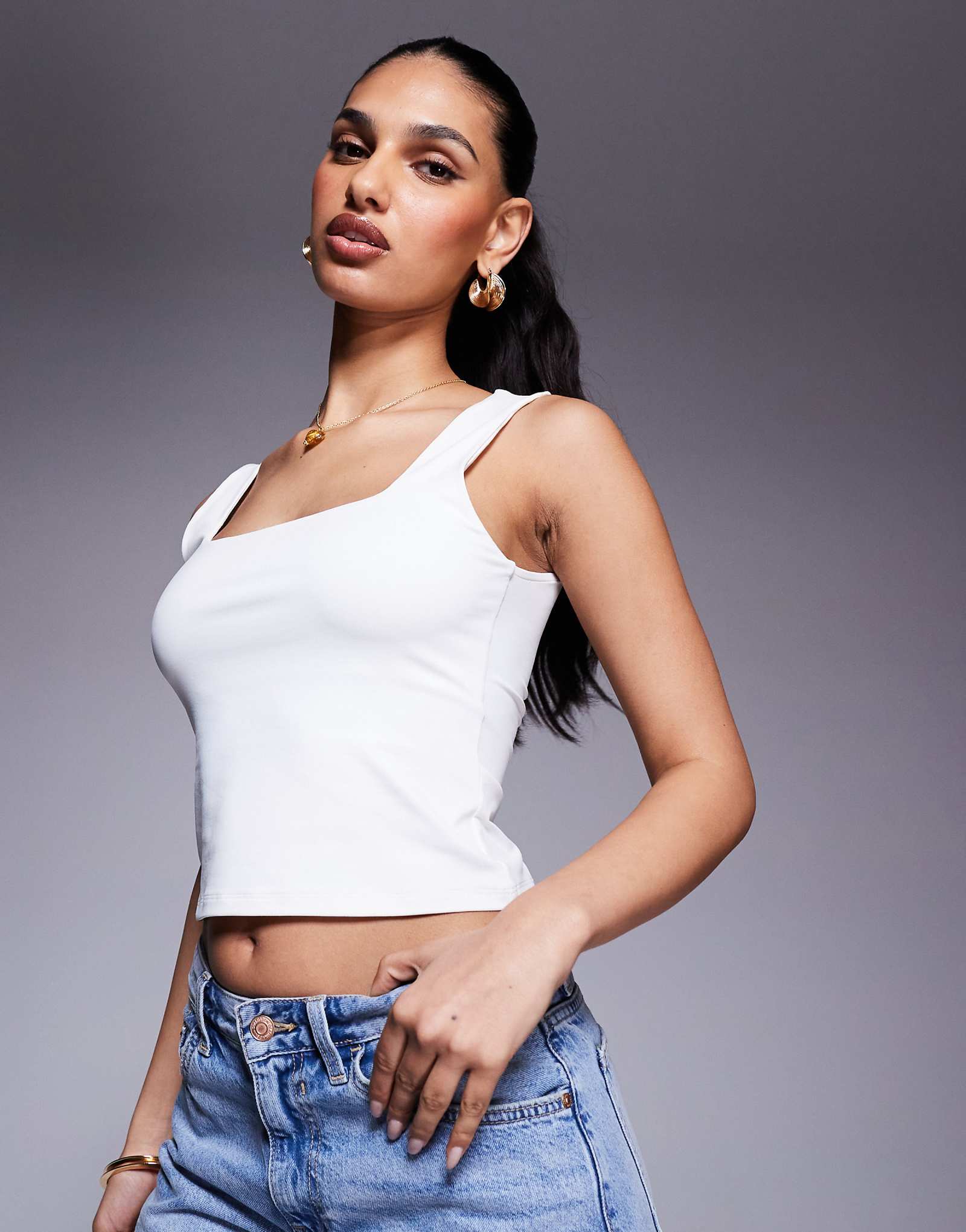 ASOS DESIGN polyamide slinky square neck top in ivory 4690₽