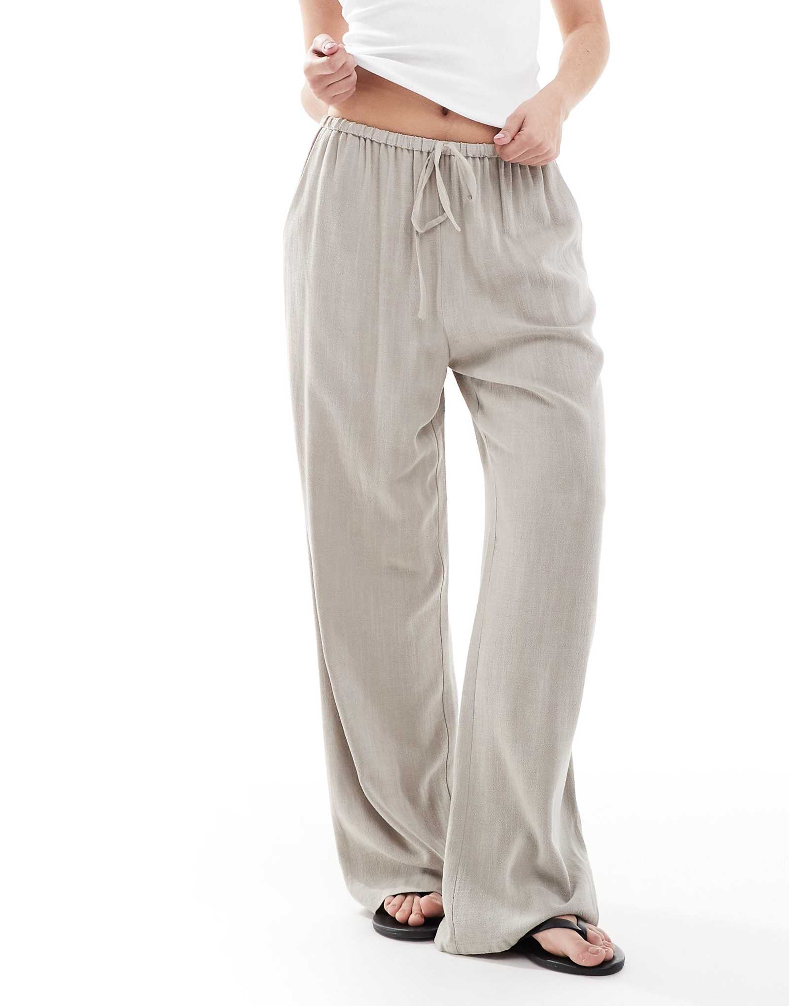 Miss Selfridge linen blend drawstring waist wide leg pants in taupe 7690₽