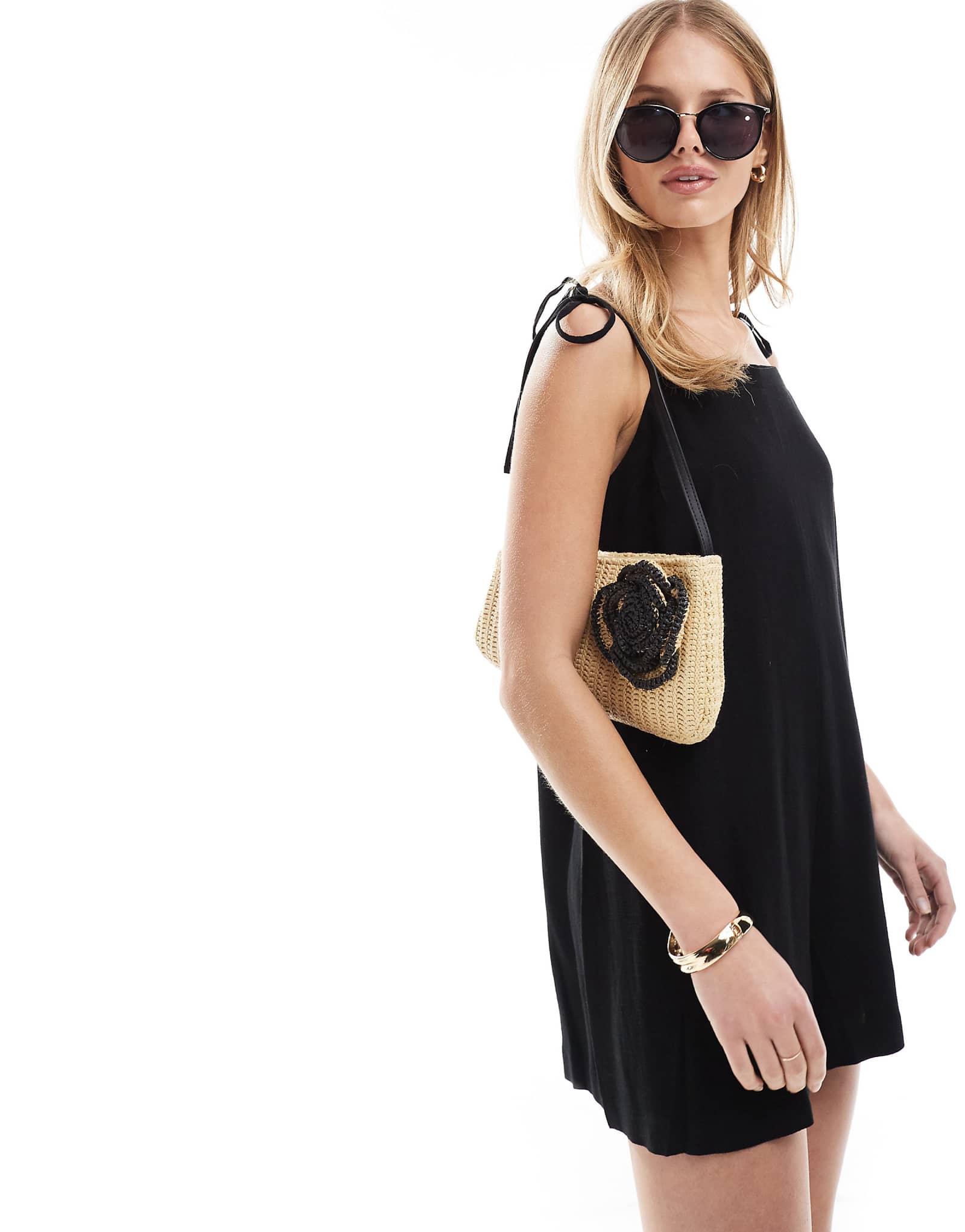 Miss Selfridge linen blend tie shoulder romper in black