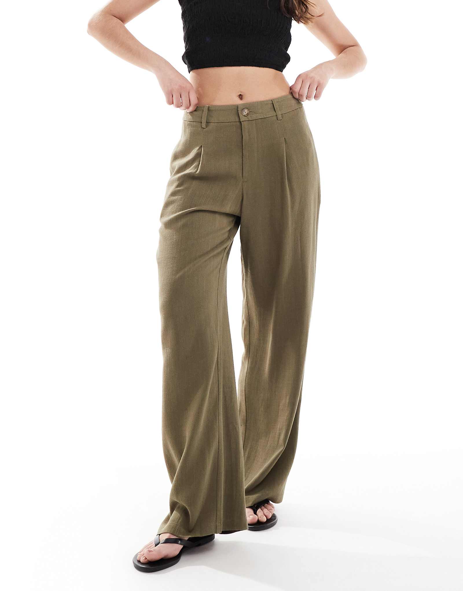 Miss Selfridge linen blend tailored wide leg pants in khaki 7890₽