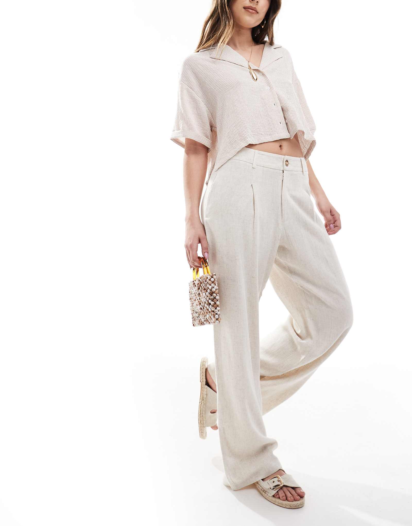 Miss Selfridge linen blend tailored wide leg pants in stone 8490₽