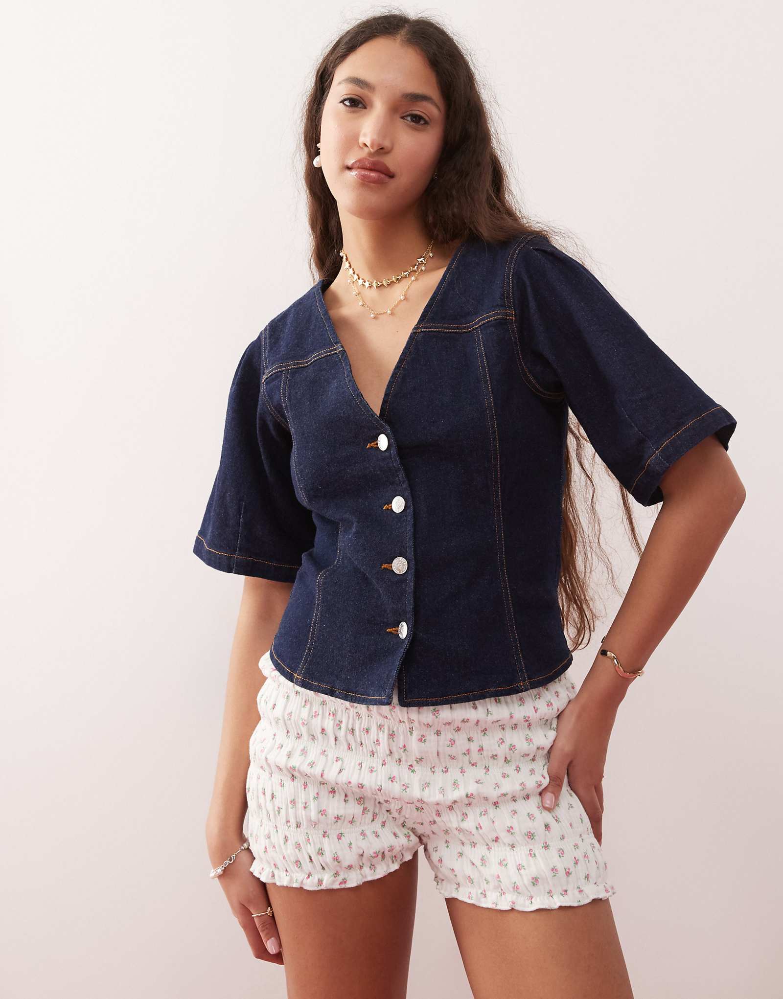 Miss Selfridge puff sleeve denim top in indigo wash 9090₽
