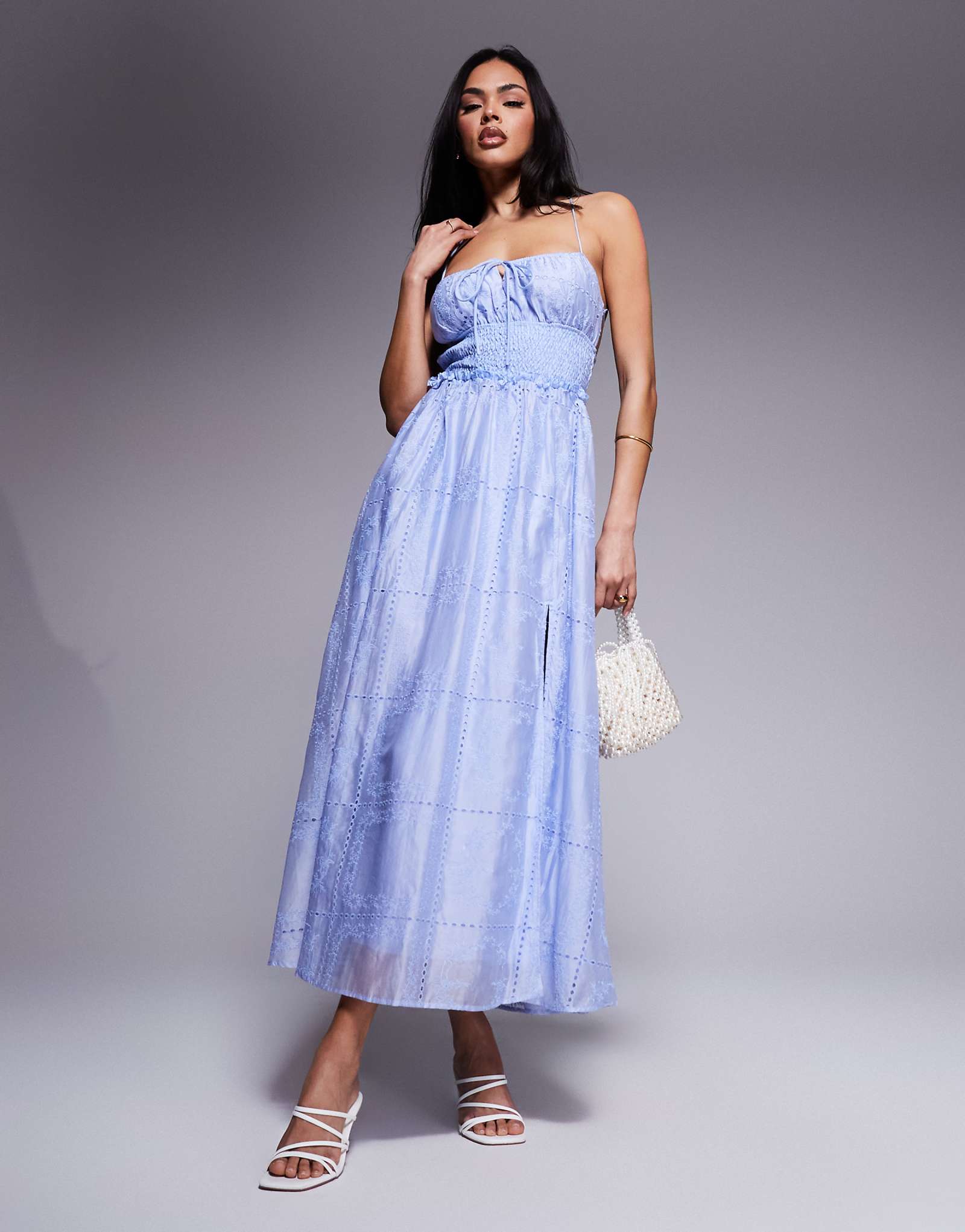 Love Triangle embroidered midaxi dress with shirred waist and lace up back in blue