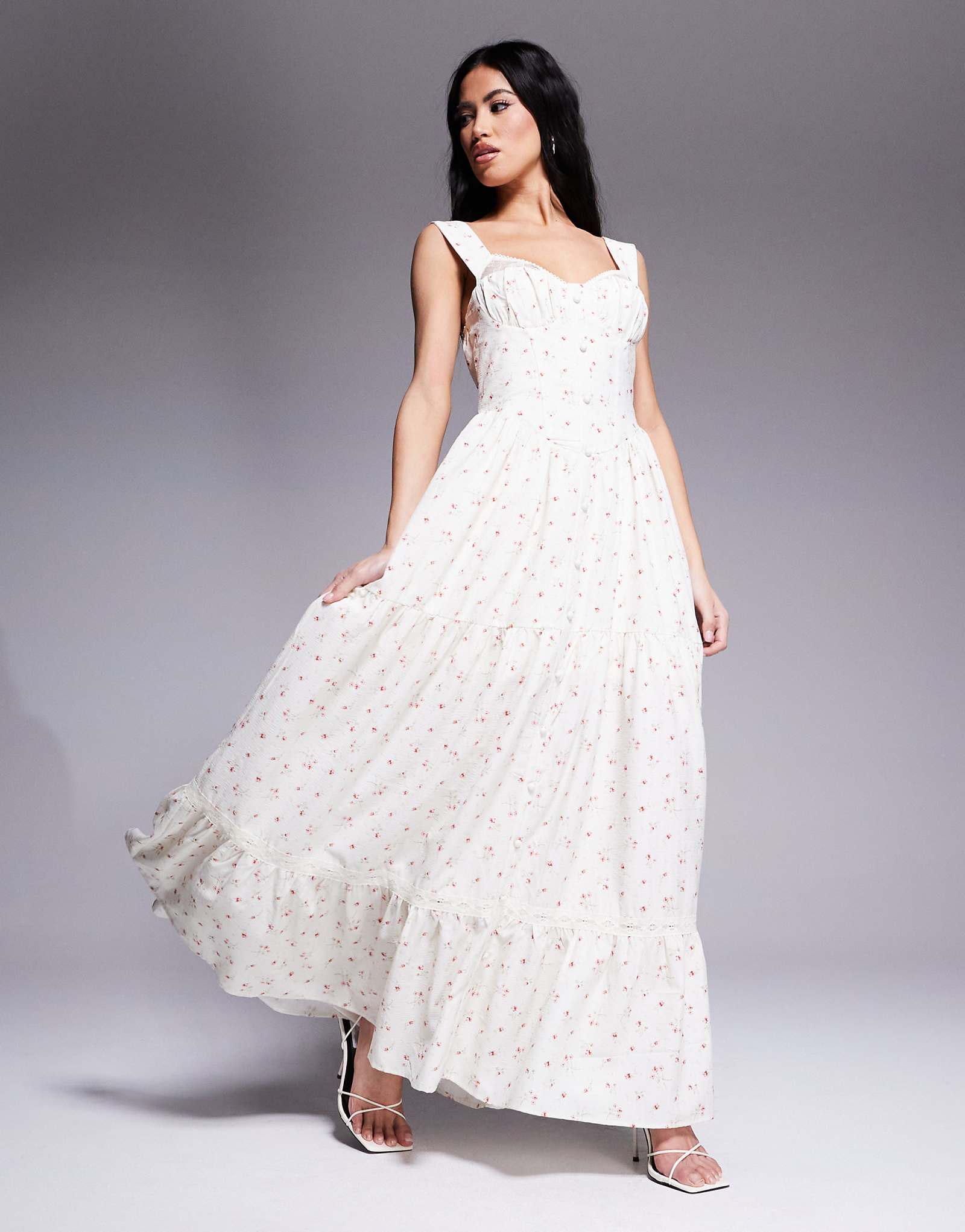 Love Triangle milkmaid tiered maxi dress in pink ditsy 24490₽