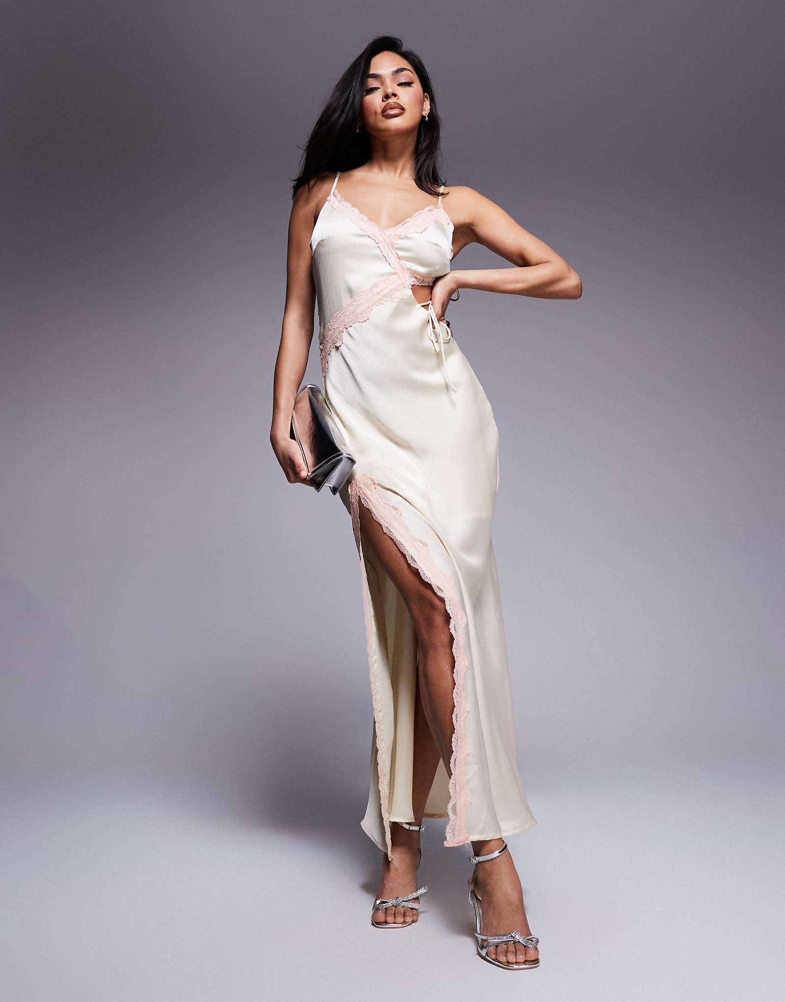 Love Triangle satin cut-out maxi dress with lace trim in apricot 6490₽