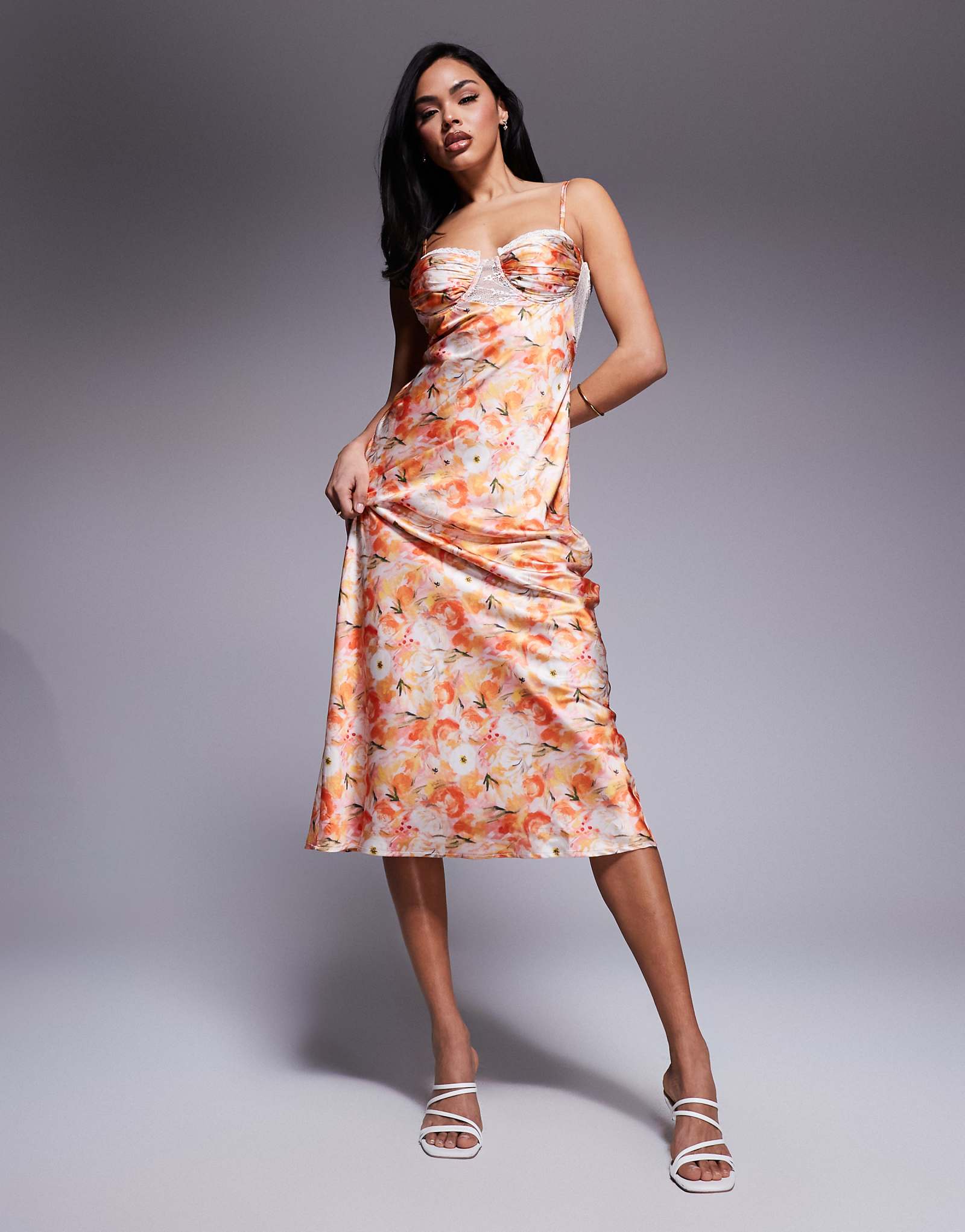 Love Triangle satin maxi dress with lace trim cups in coral print