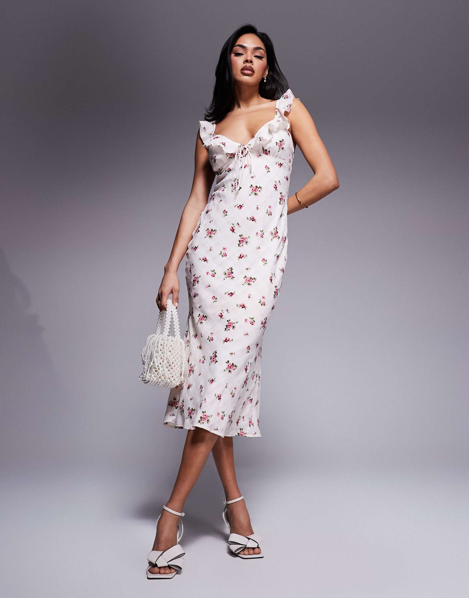 Love Triangle frill v-neck midi dress in textured floral plaid