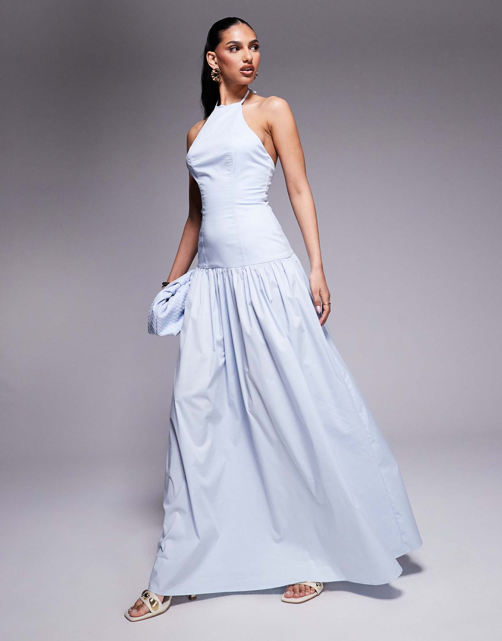 Wanderdoll Kylie poplin halterneck dropped waist maxi dress in baby blue 11890₽