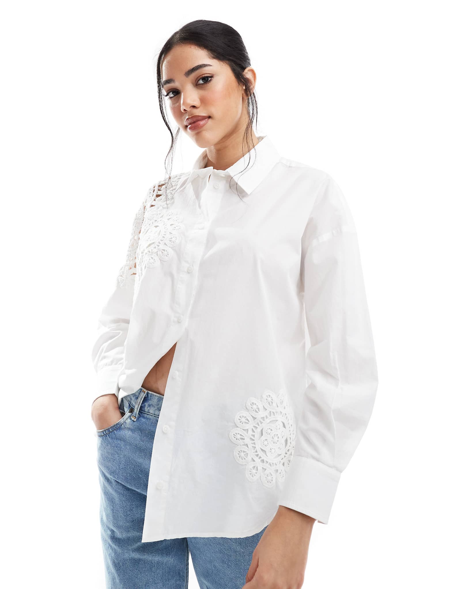 French Connection Lina cotton crochet mix shirt in white 15290₽