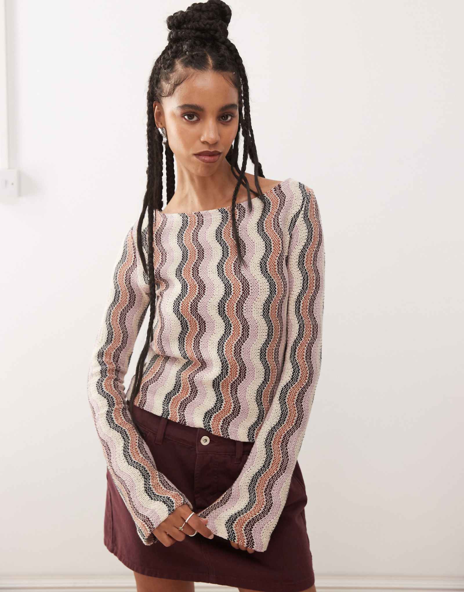 Reclaimed Vintage striped crochet button up cardi in multi stripe 8490₽