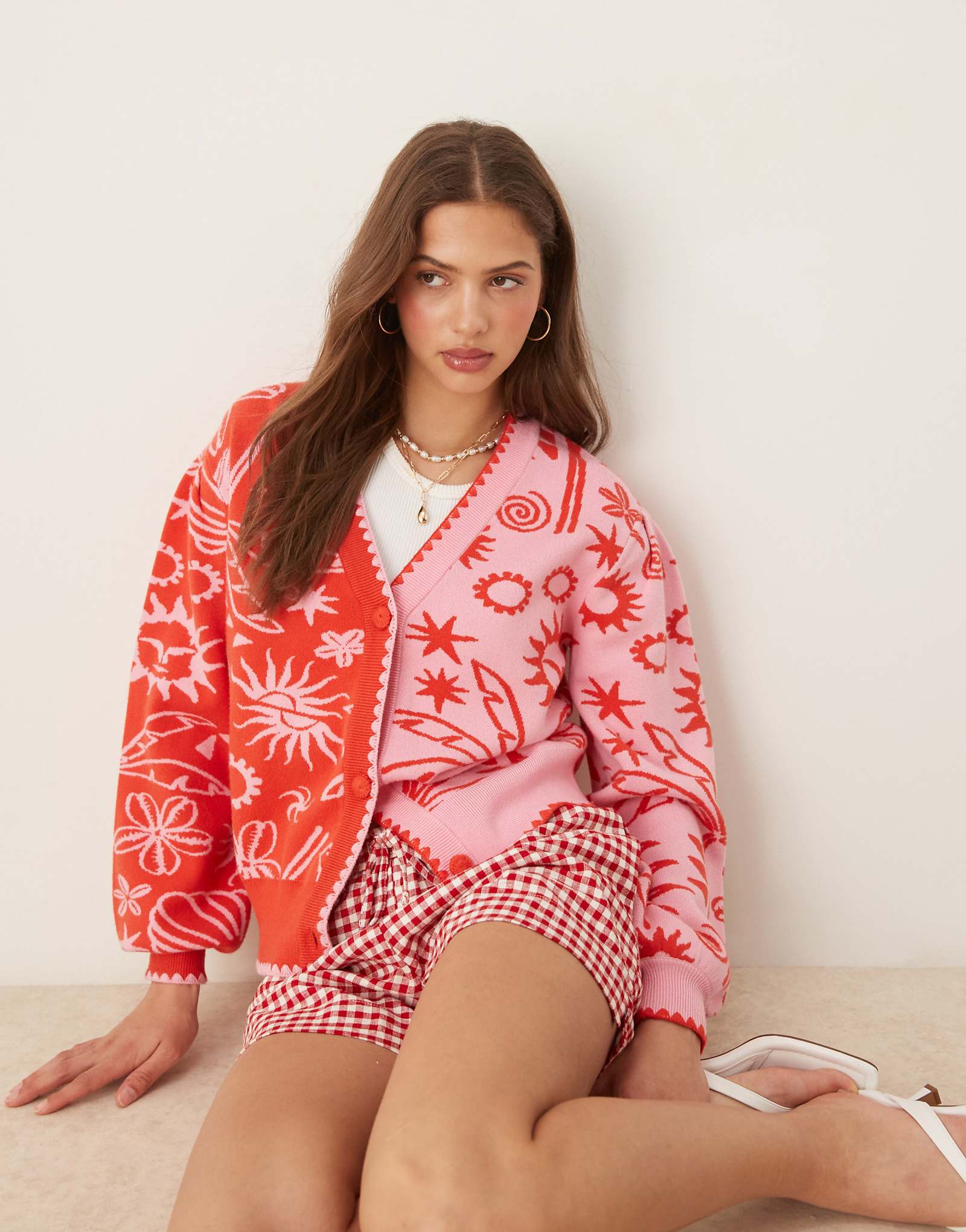 Never Fully Dressed color block cardigan in red and pink 23190₽