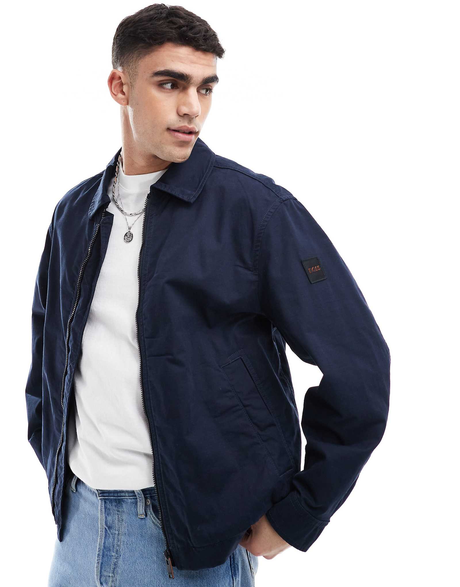 BOSS Orange Ocrush-D box logo sleeve relaxed fit cotton harrington jacket in navy