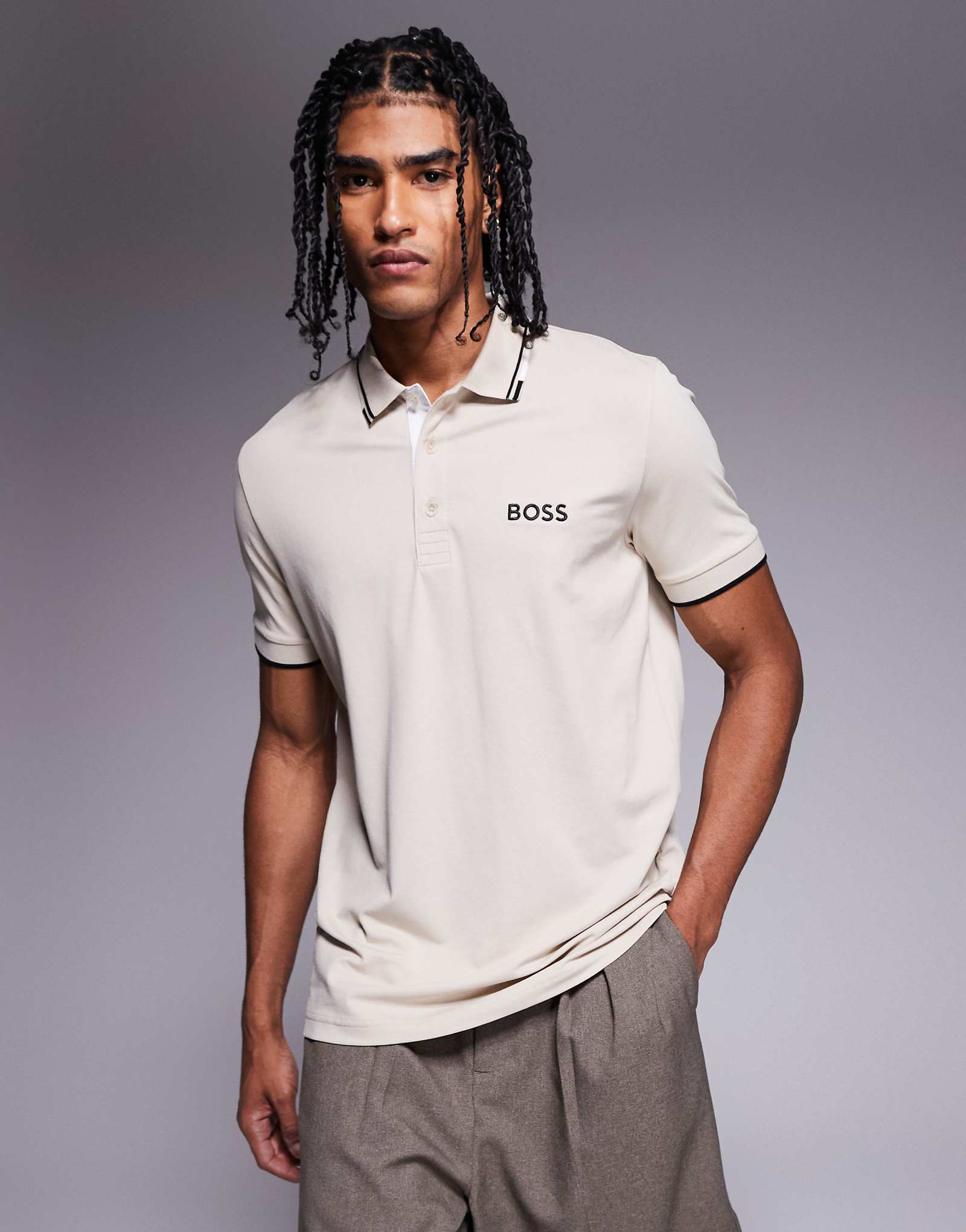 BOSS Green Paddy Pro logo icon stripe tipping jersey polo in beige 17190₽