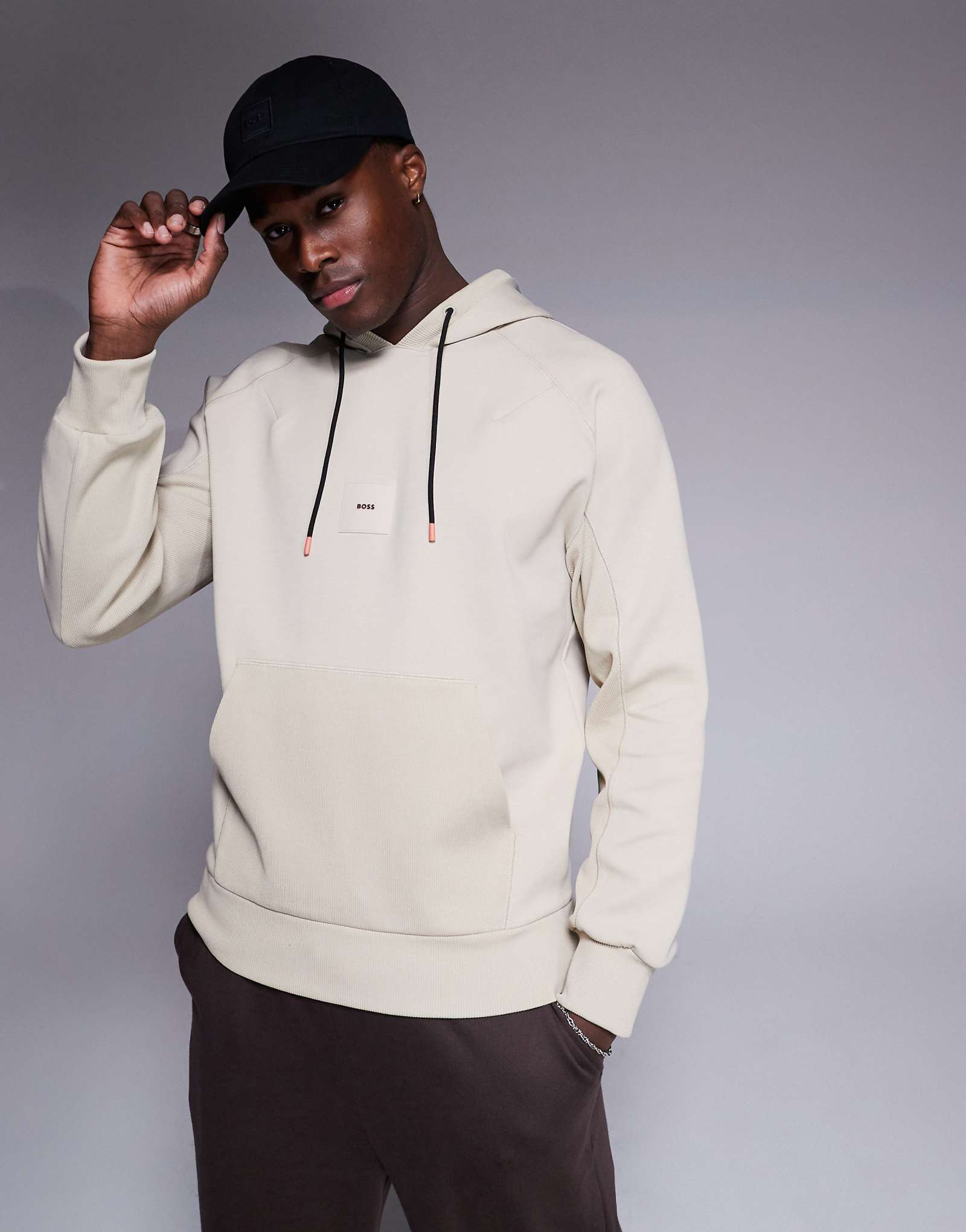 BOSS Green Soody Rib central box logo hoodie in beige 28290₽