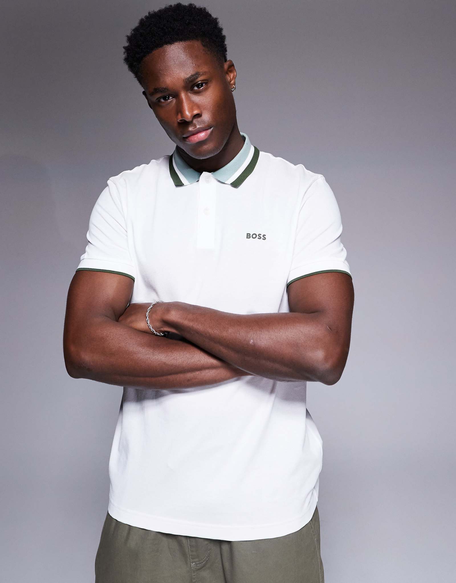 BOSS Green Paddy Heritage logo tipped jersey polo in white 22490₽