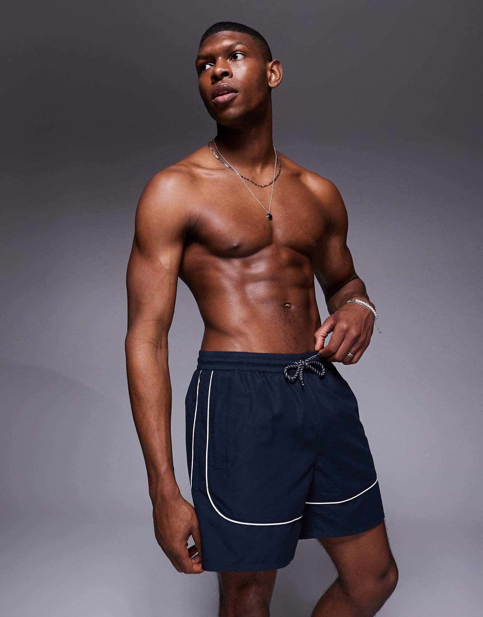 ASOS DESIGN swim shorts in mid length in navy with contrast white binding 3790₽