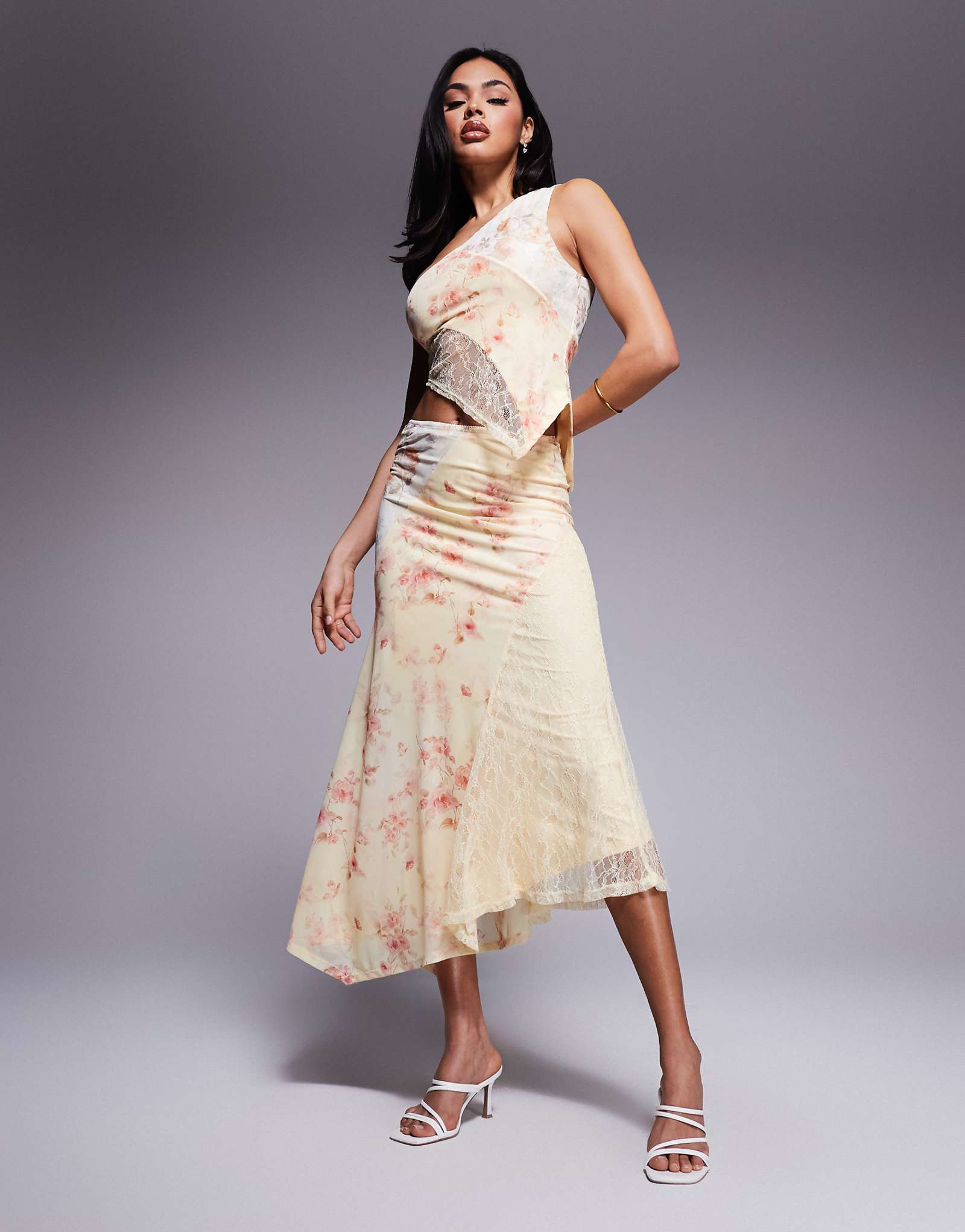 Love Triangle asymmetric spliced floral lace midi skirt in multi - part of a set