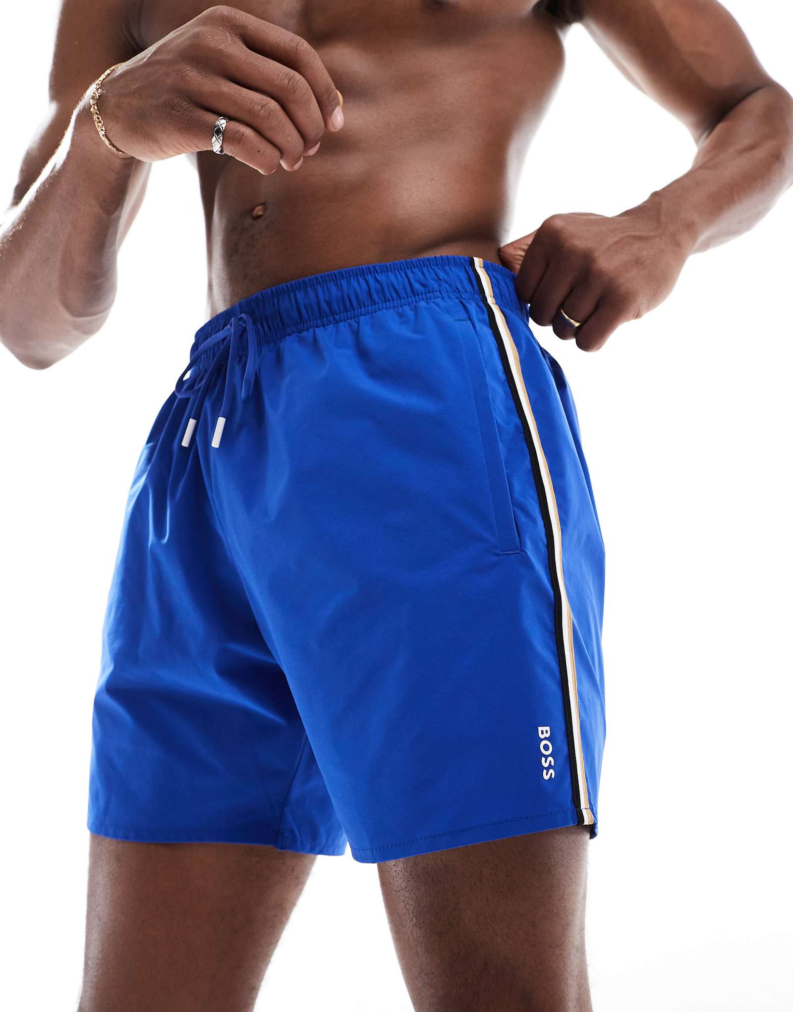 Boss Iconic logo swim shorts in blue with side stripe 9790₽