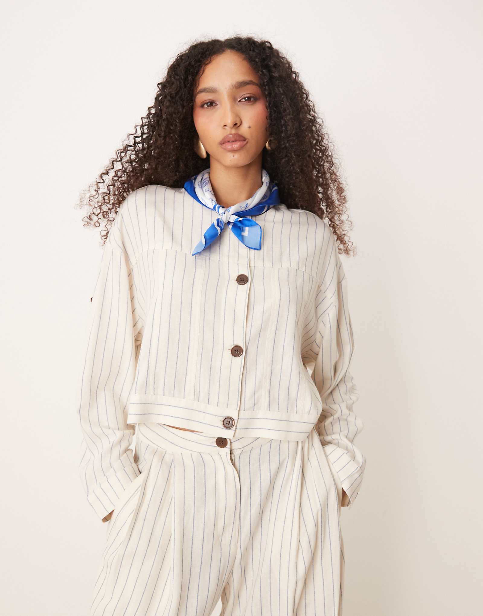 AWARE linen touch buttondown top in white pinstripe - part of a set