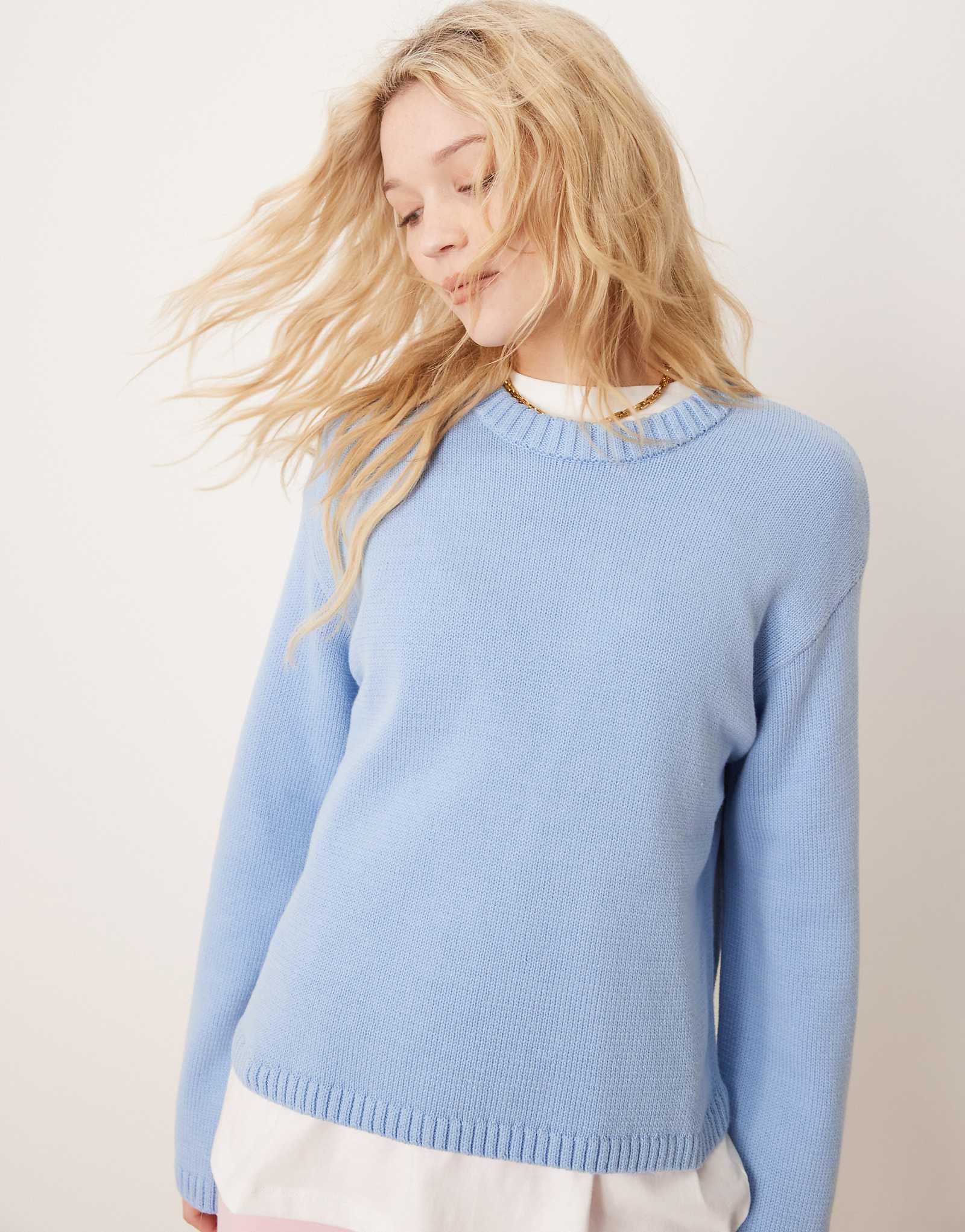 GINA TRICOT cotton blend knit sweater with crew neck in blue 9990₽