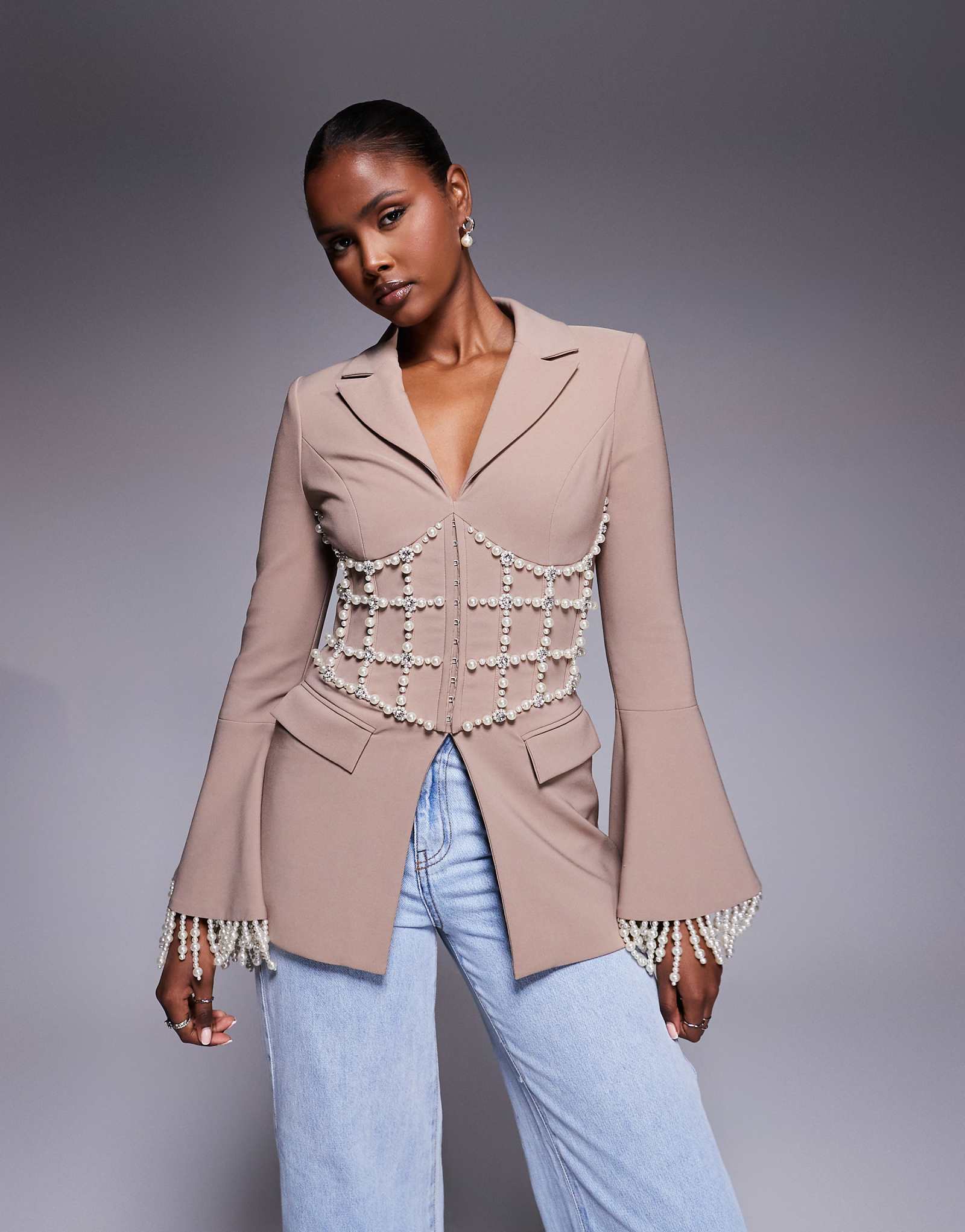 Lavish Alice pearl embellished blazer in mushroom