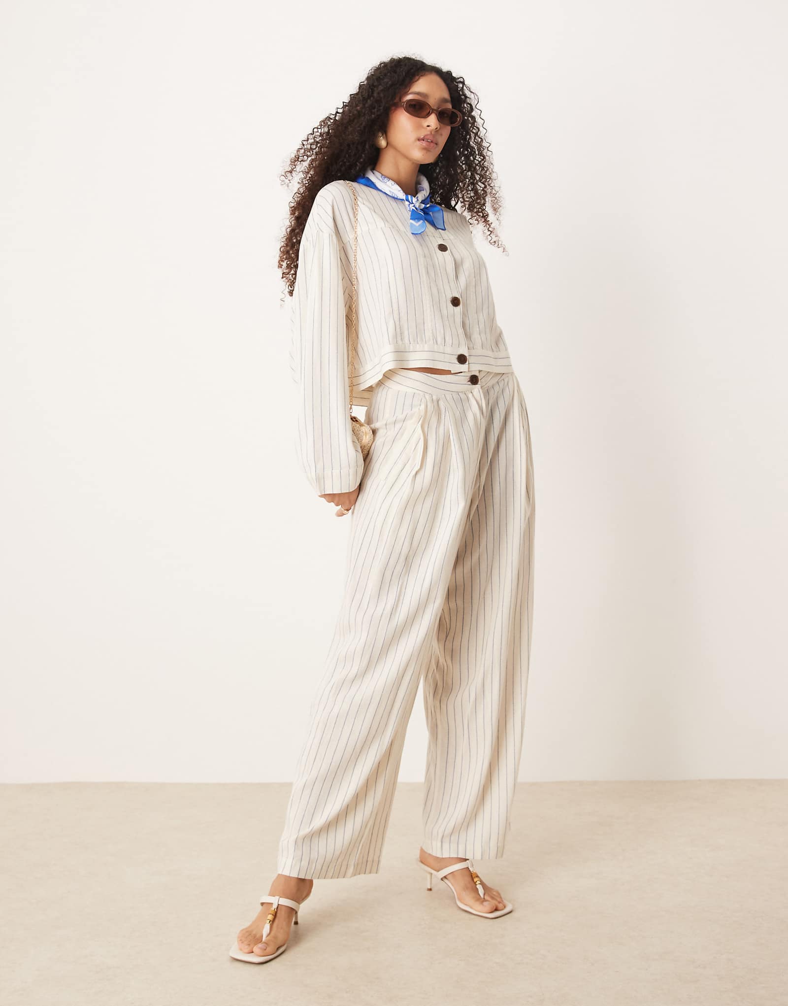 AWARE linen touch wide leg pants in white pinstripe - part of a set