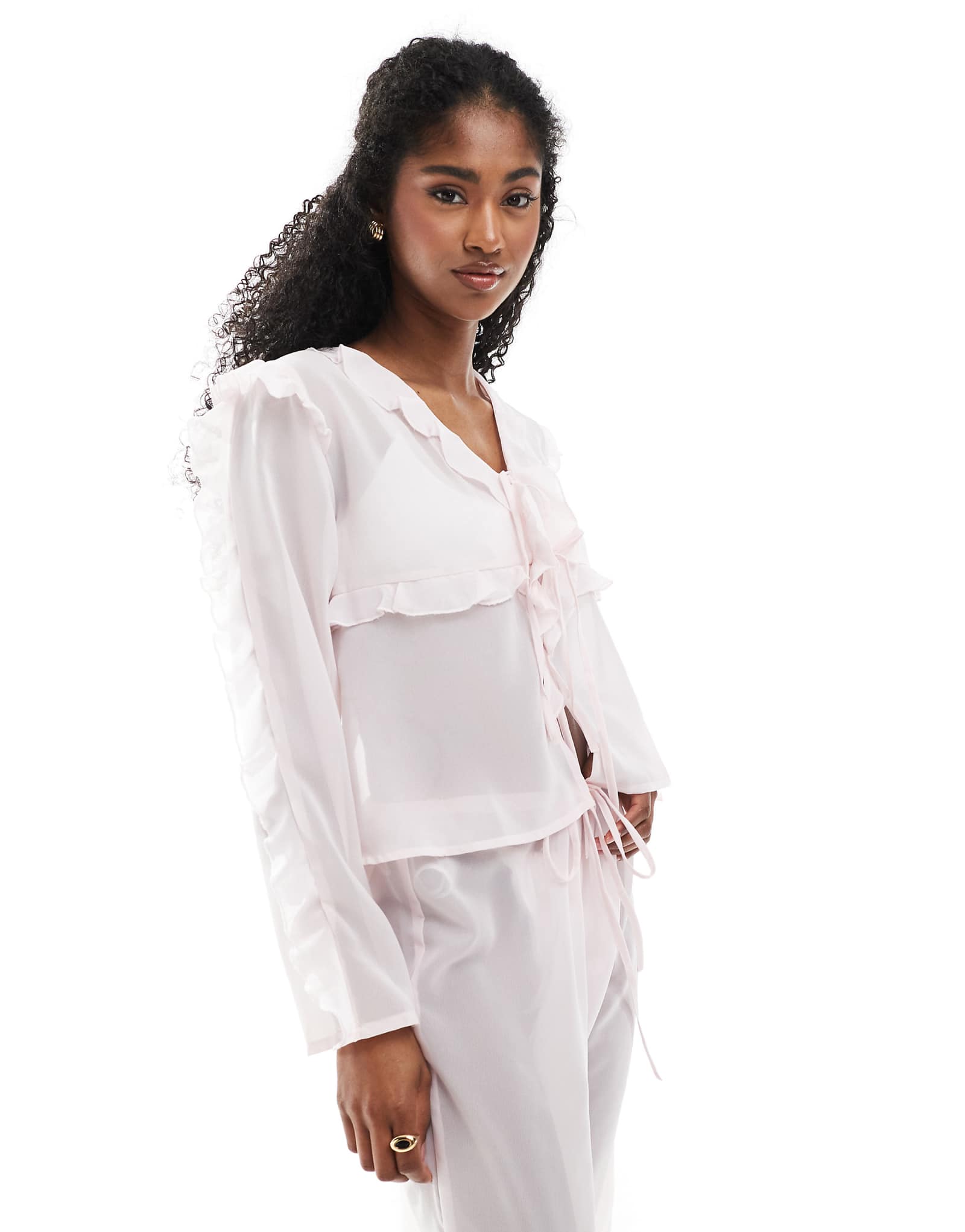 Esmee Exclusive sheer tie front beach top with ruffle trim in pink 2390₽