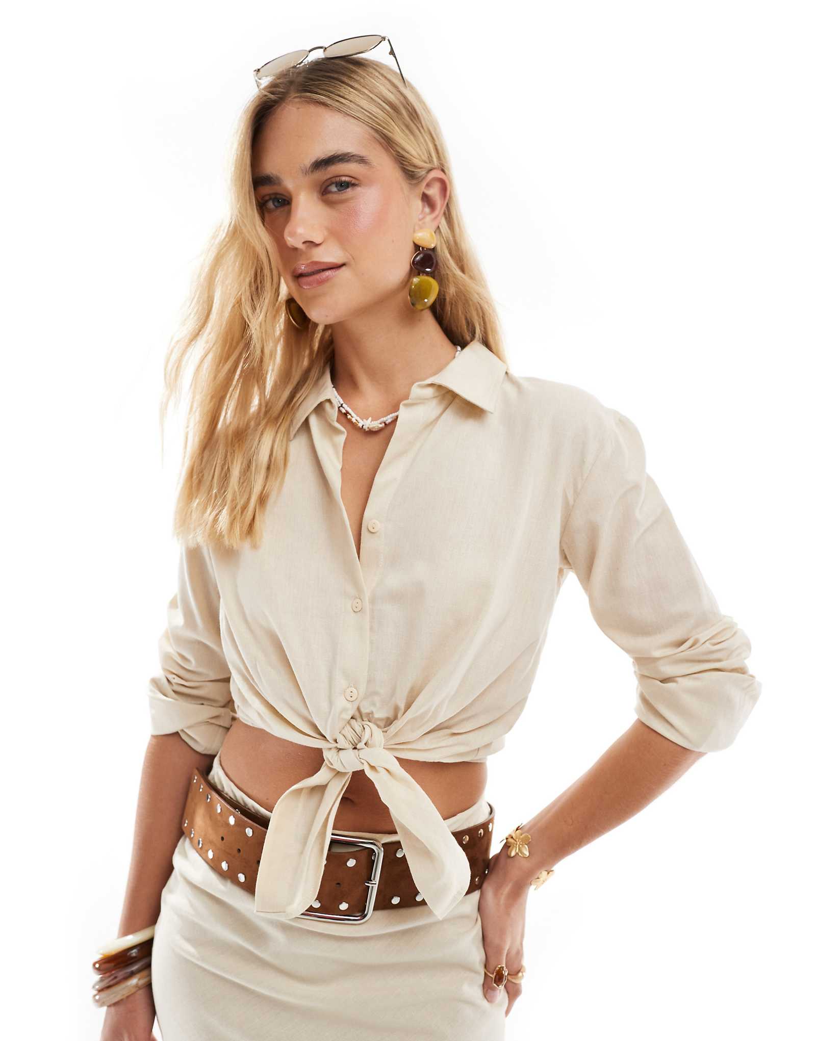 Esmée Exclusive long sleeve tie front beach shirt in beige