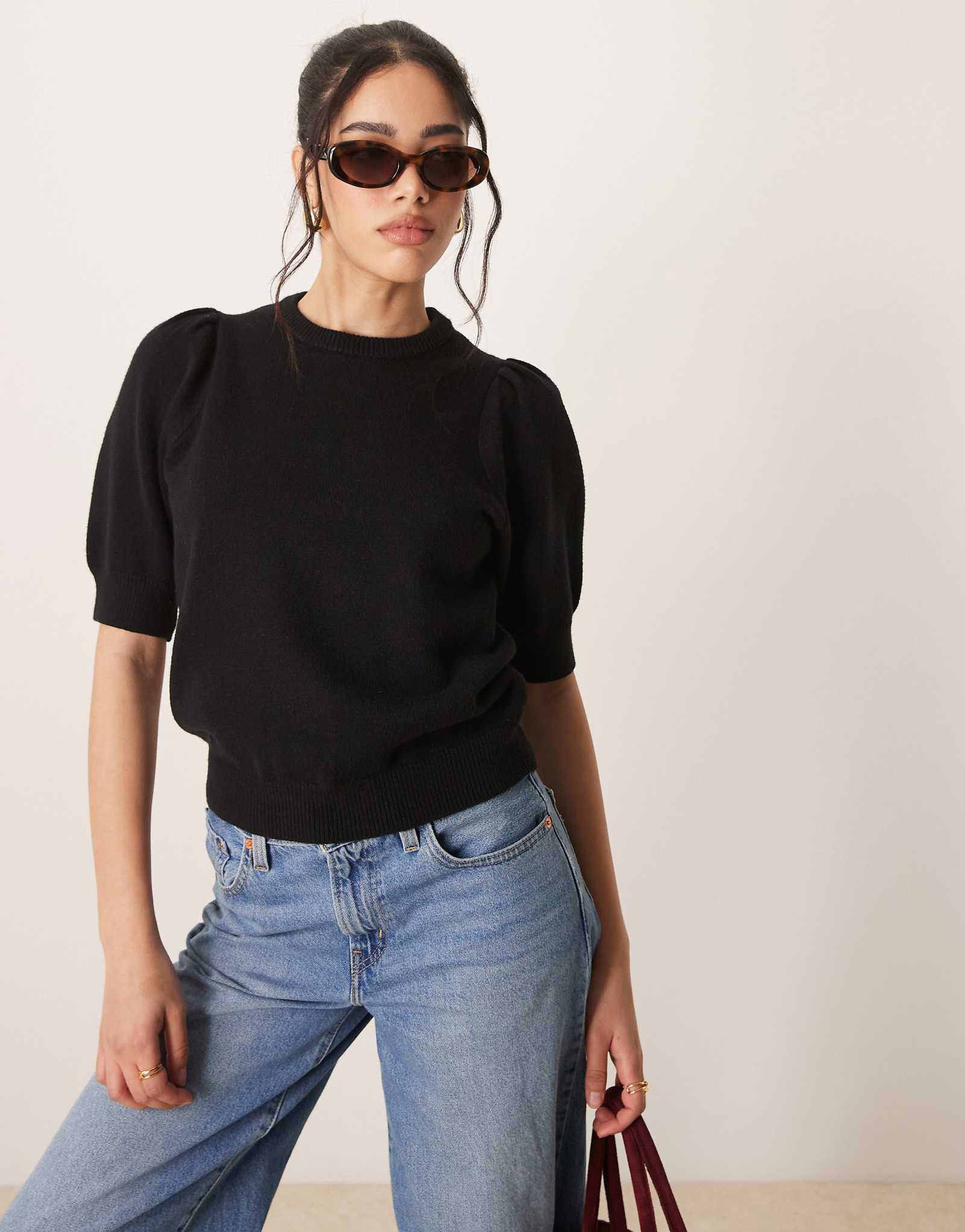 Gina Tricot knitted short sleeve sweater with puff sleeves in black