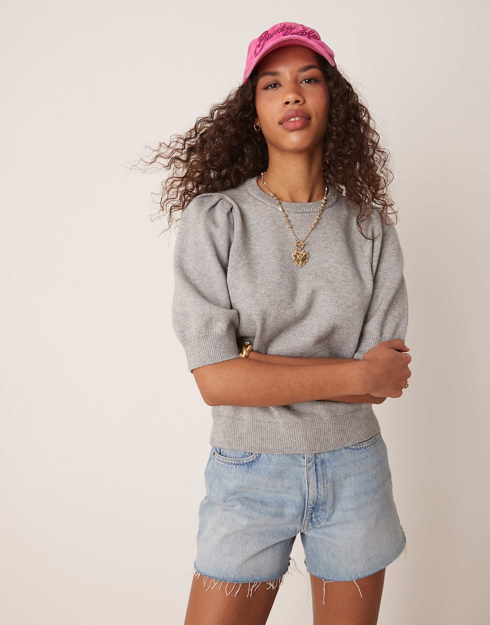 Gina Tricot knit short sleeve sweater with puff sleeves in gray melange 8390₽