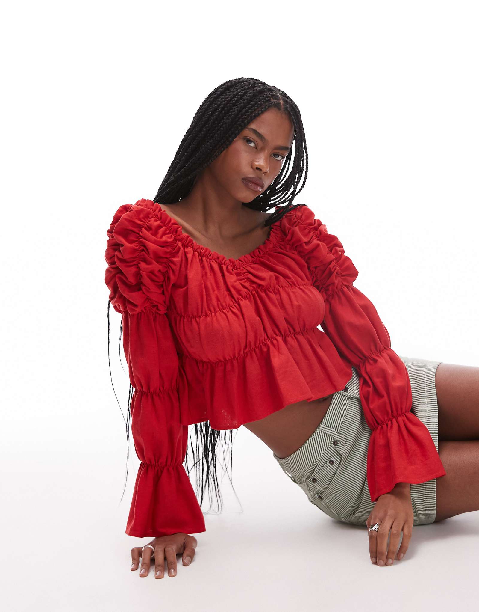 LAAGAM sadie red linen ruched blouse in red 16690₽