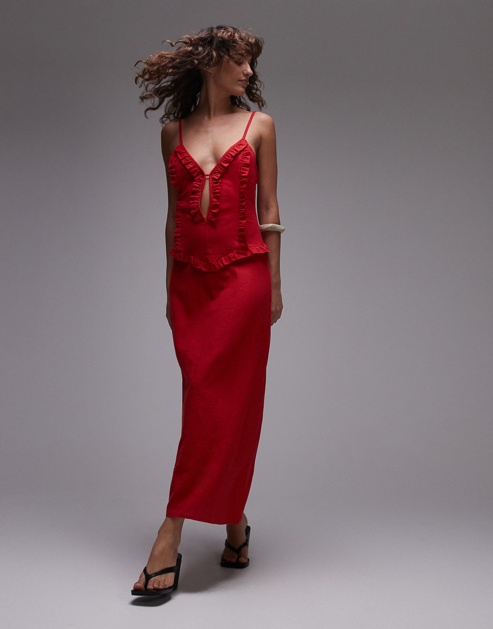 LAAGAM tulipa red linen mix ruffle midi dress