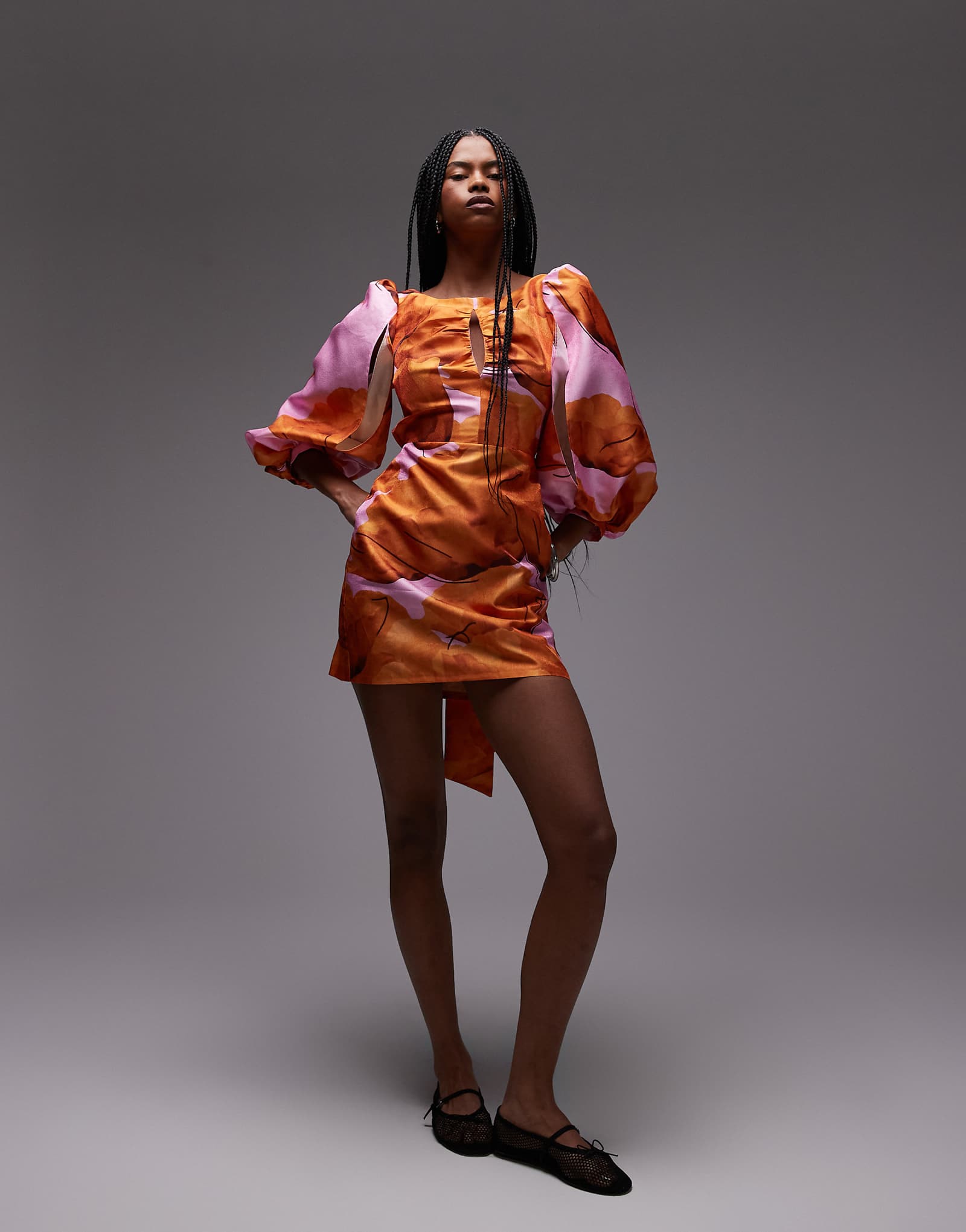 LAAGAM puff sleeve mini dress in pink and orange floral