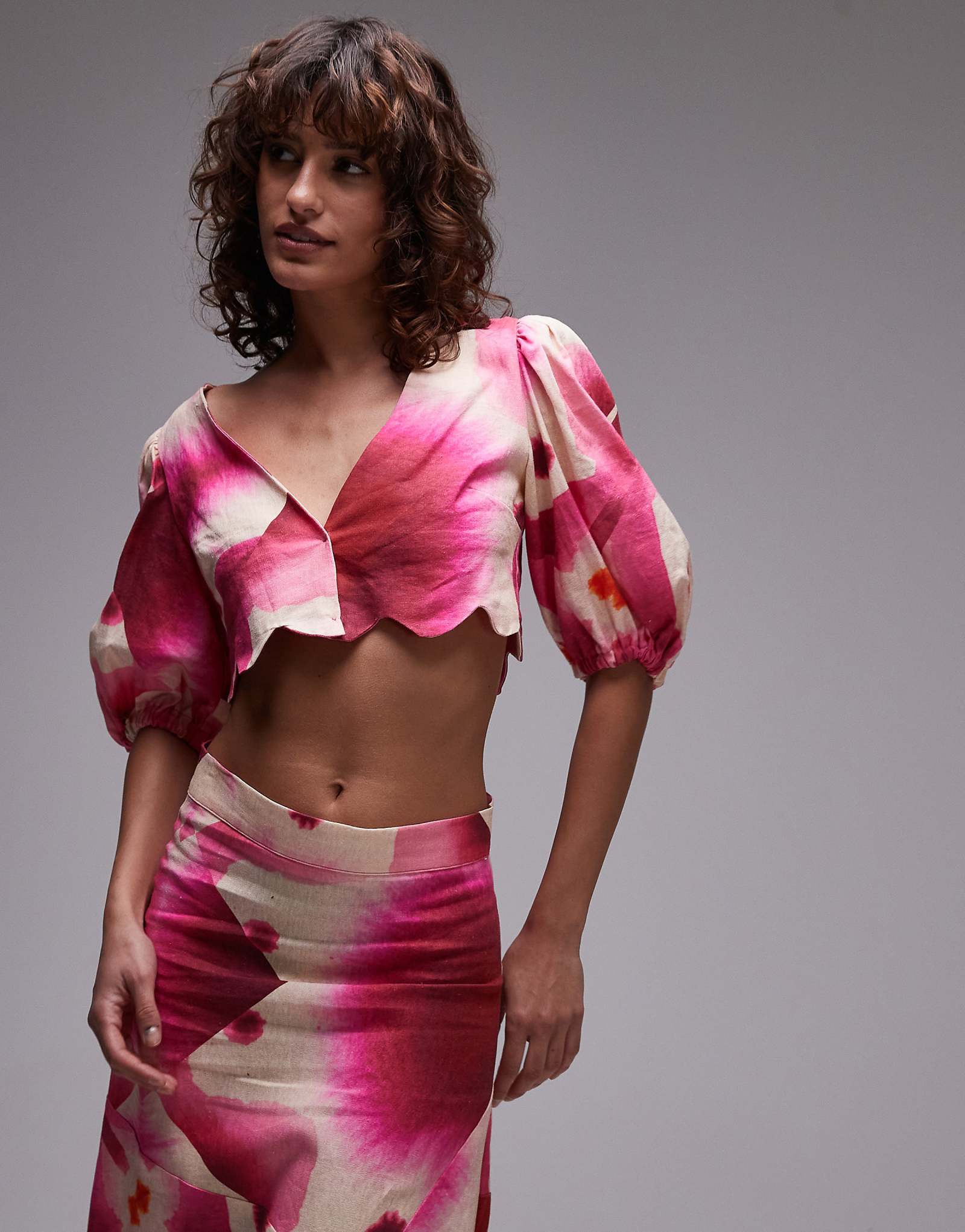 LAAGAM rose puff sleeve crop top with scallop edging in pink - part of a set