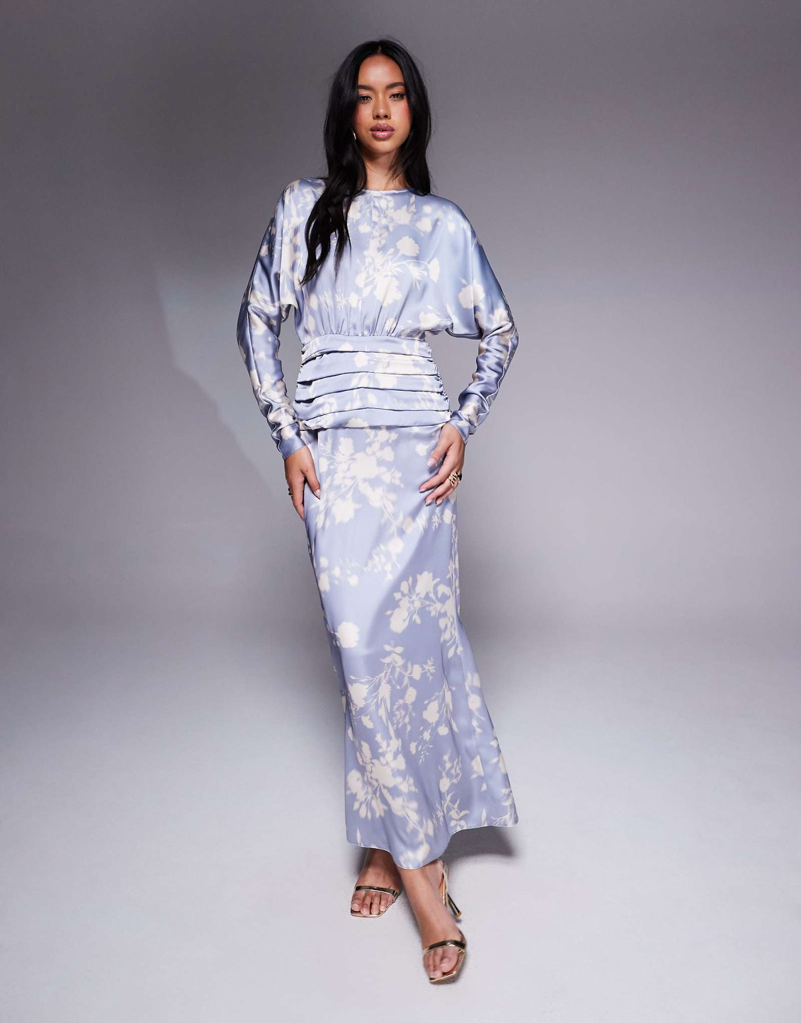 Daska satin batwing maxi dress in soft blue floral print