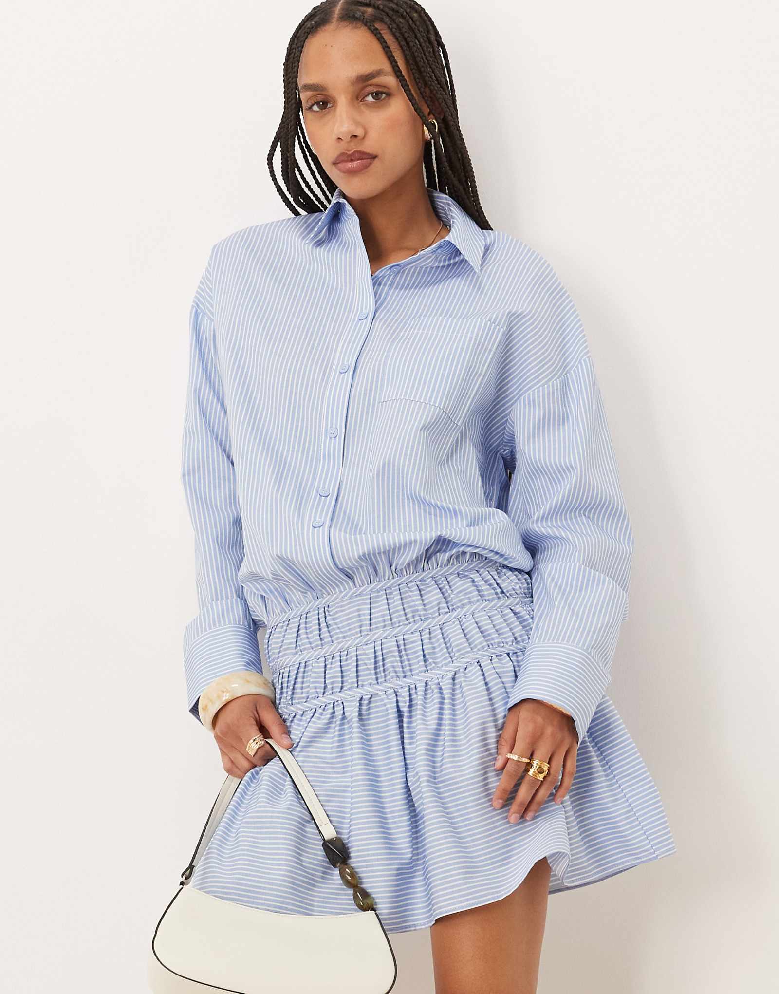 ASOS DESIGN blouson shirt mini dress with dropped waist in blue and white stripe 10790₽