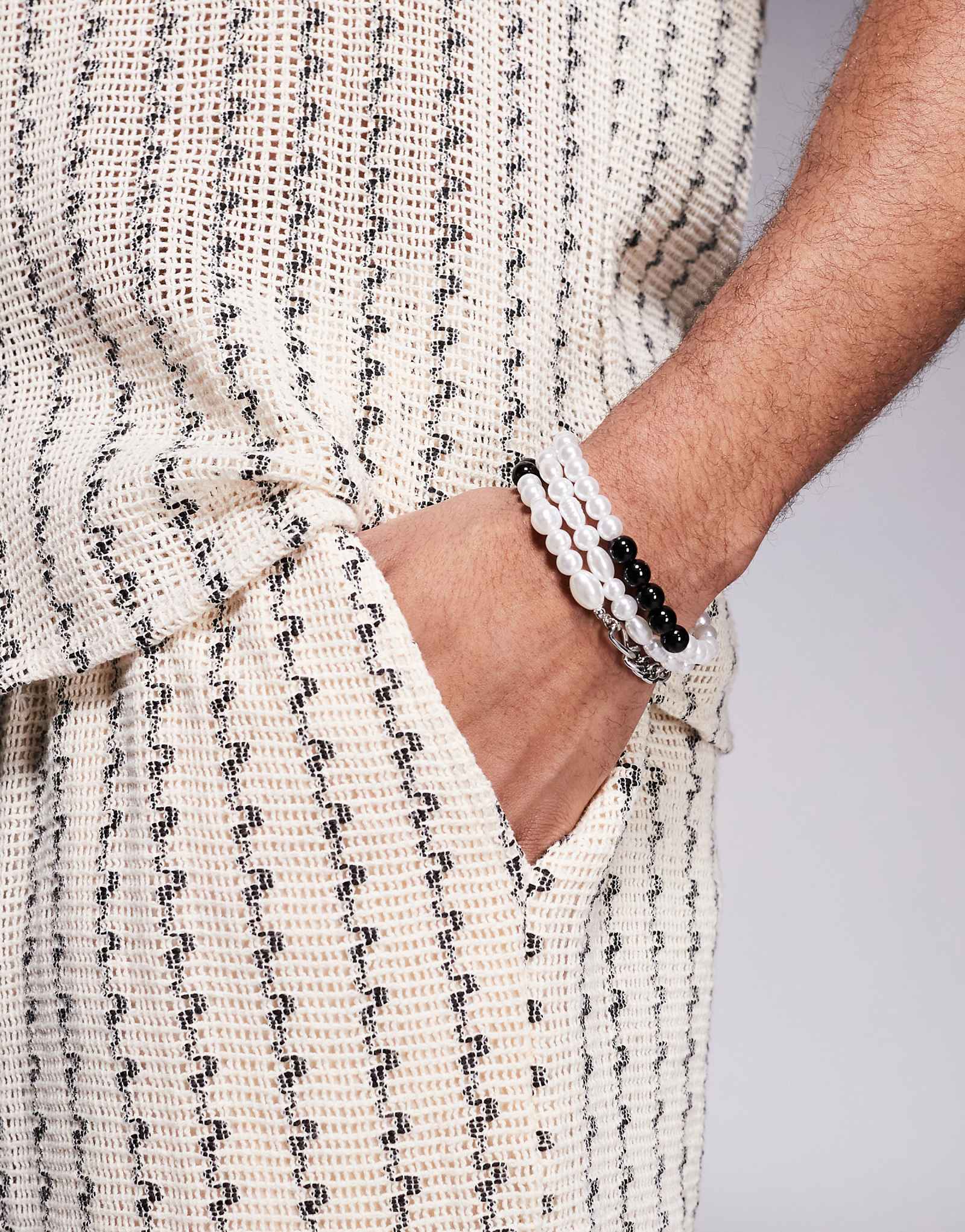 ASOS DESIGN 3 pack mixed chain and beaded bracelet in silver tone 2190₽