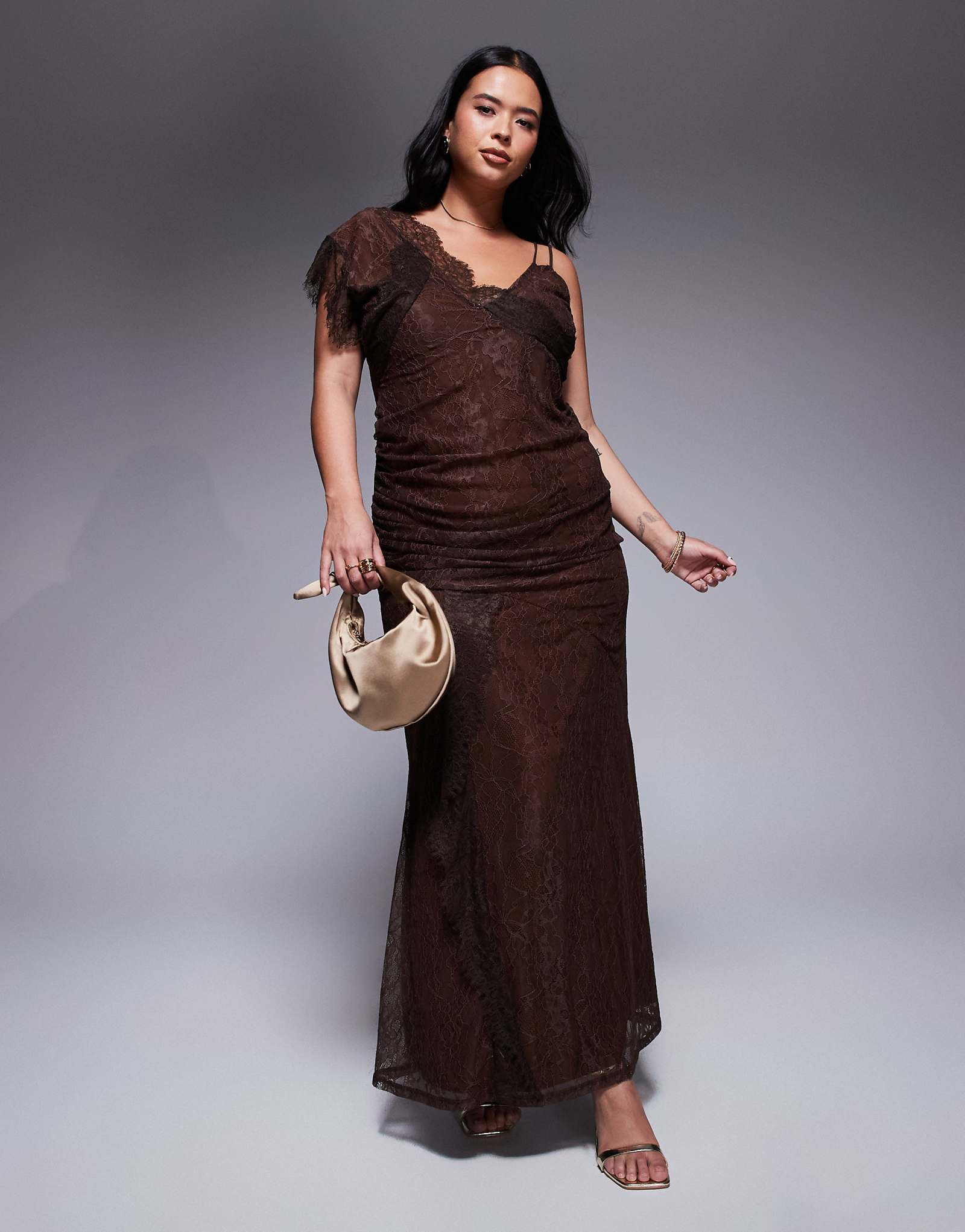 ASOS DESIGN Curve asymmetric lace strappy maxi dress with full hem in chocolate 8290₽