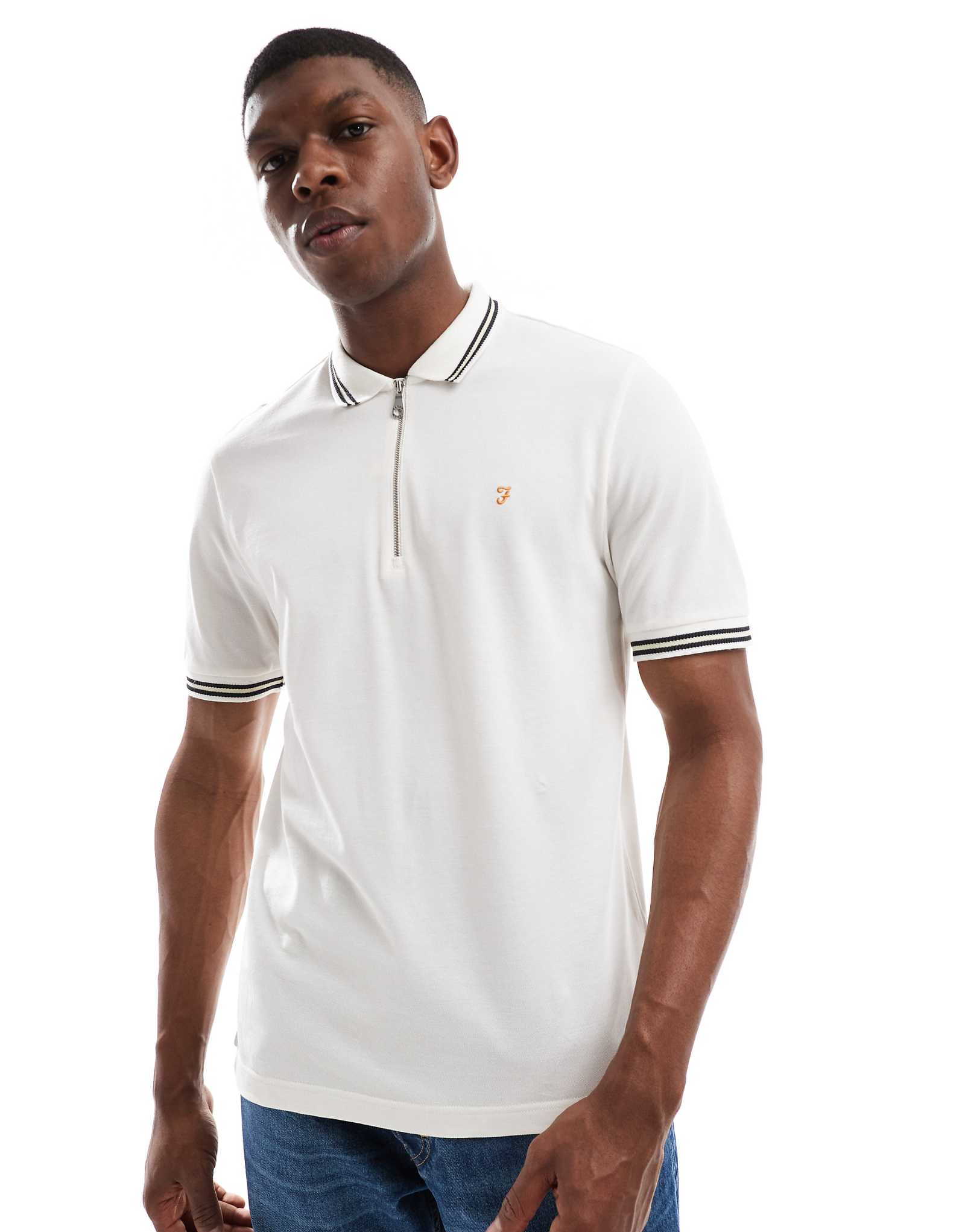 Farah Netton short sleeve zip neck tipped polo shirt in off-white 17090₽