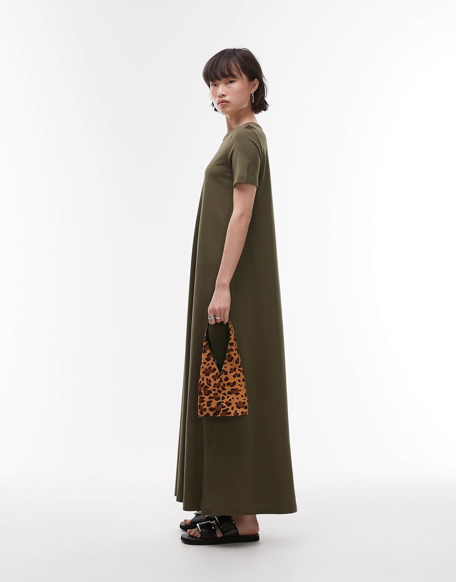 ARKET pure cotton column maxi dress with short sleeves in khaki green 14390₽