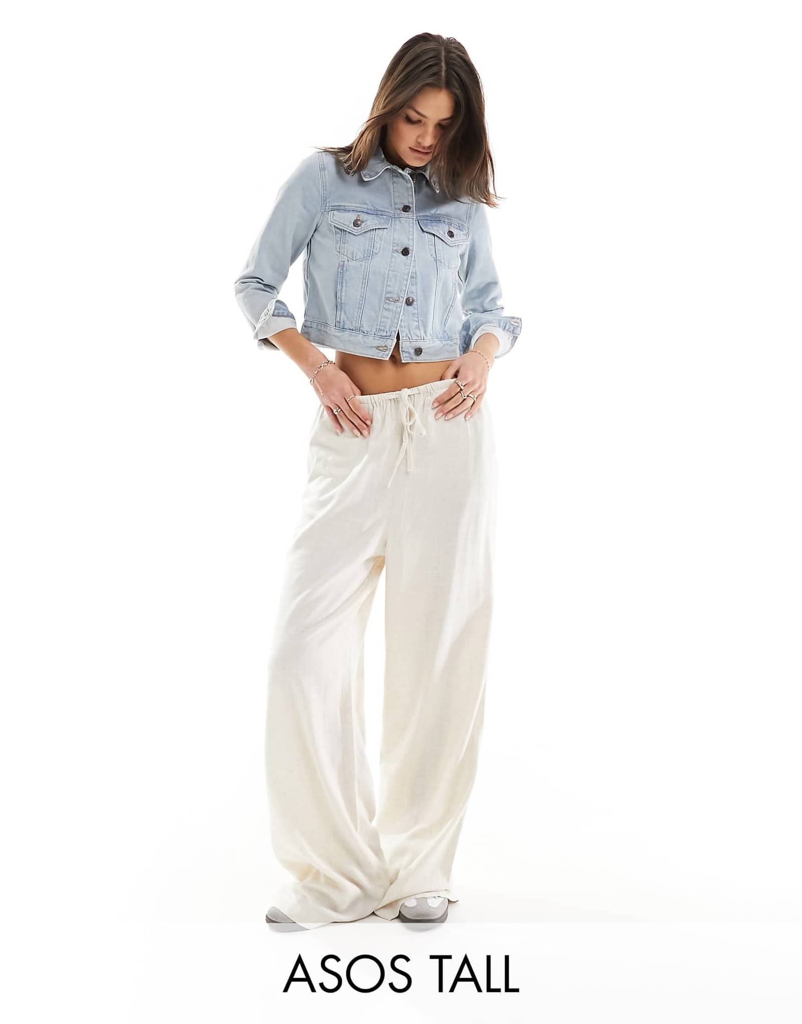 ASOS DESIGN Tall wide leg pull on pants with linen in natural 5690₽