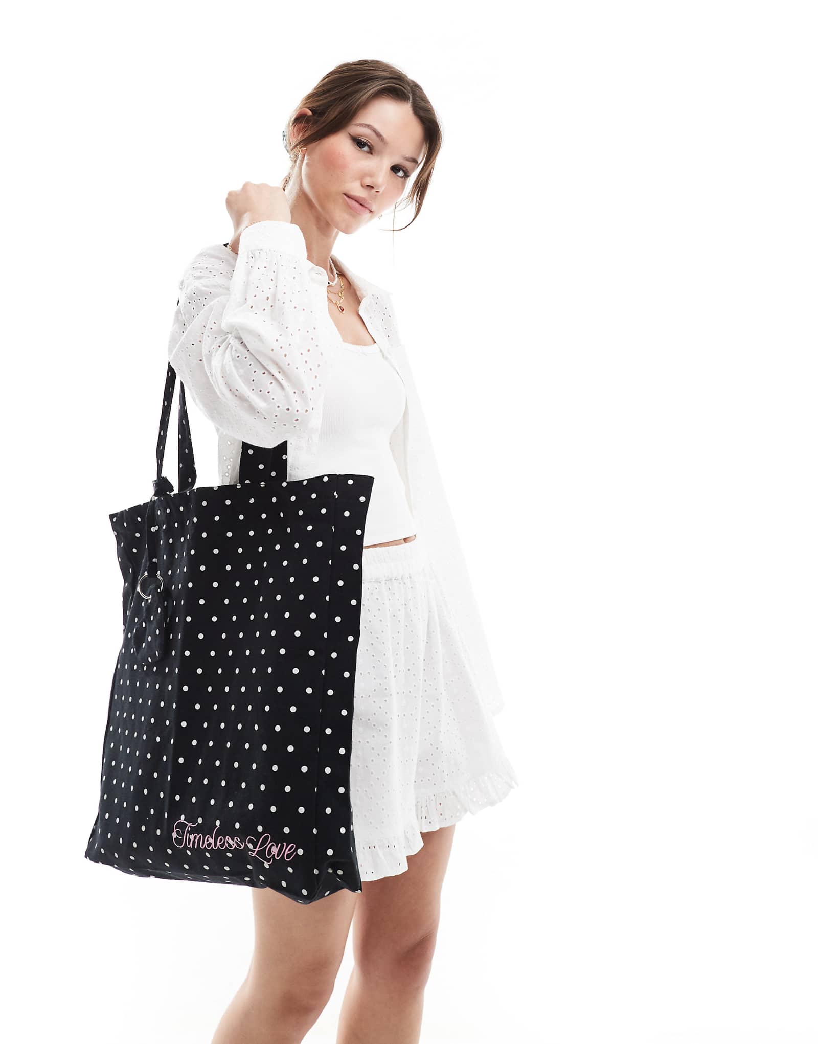 Bershka oversized tote bag in black and white polka dot 5290₽