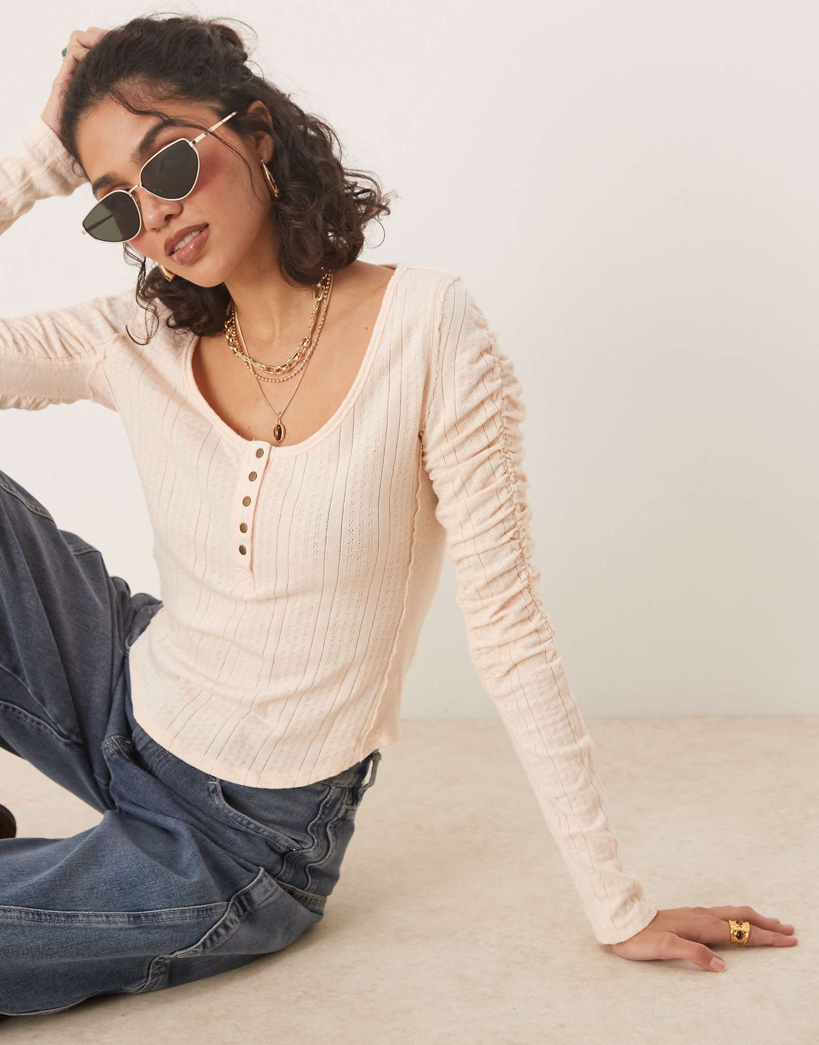 Free People hope henley ribbed long sleeve top in light pink 8890₽