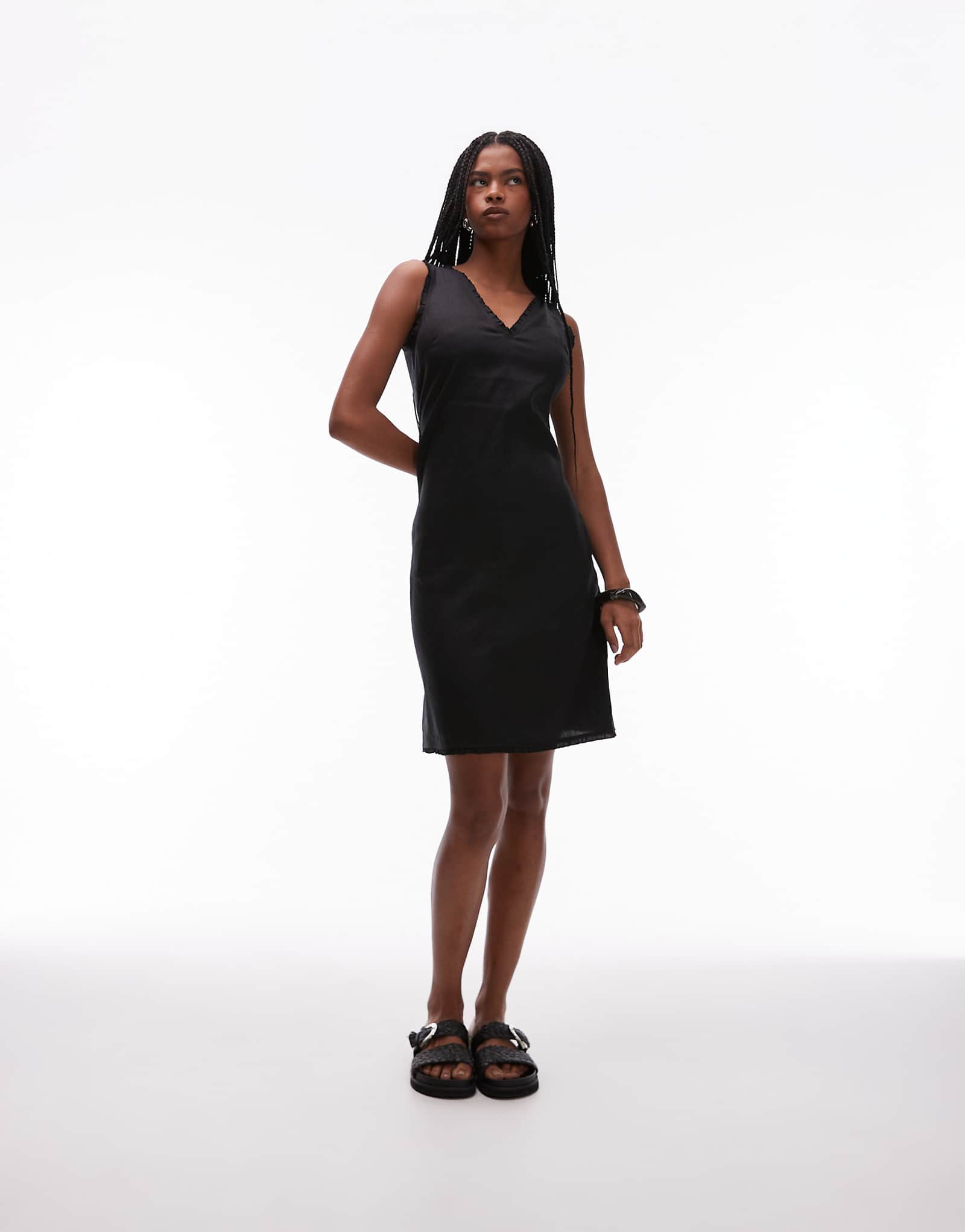 ARKET linen v-neck midi shift dress with frill trim in black 14390₽