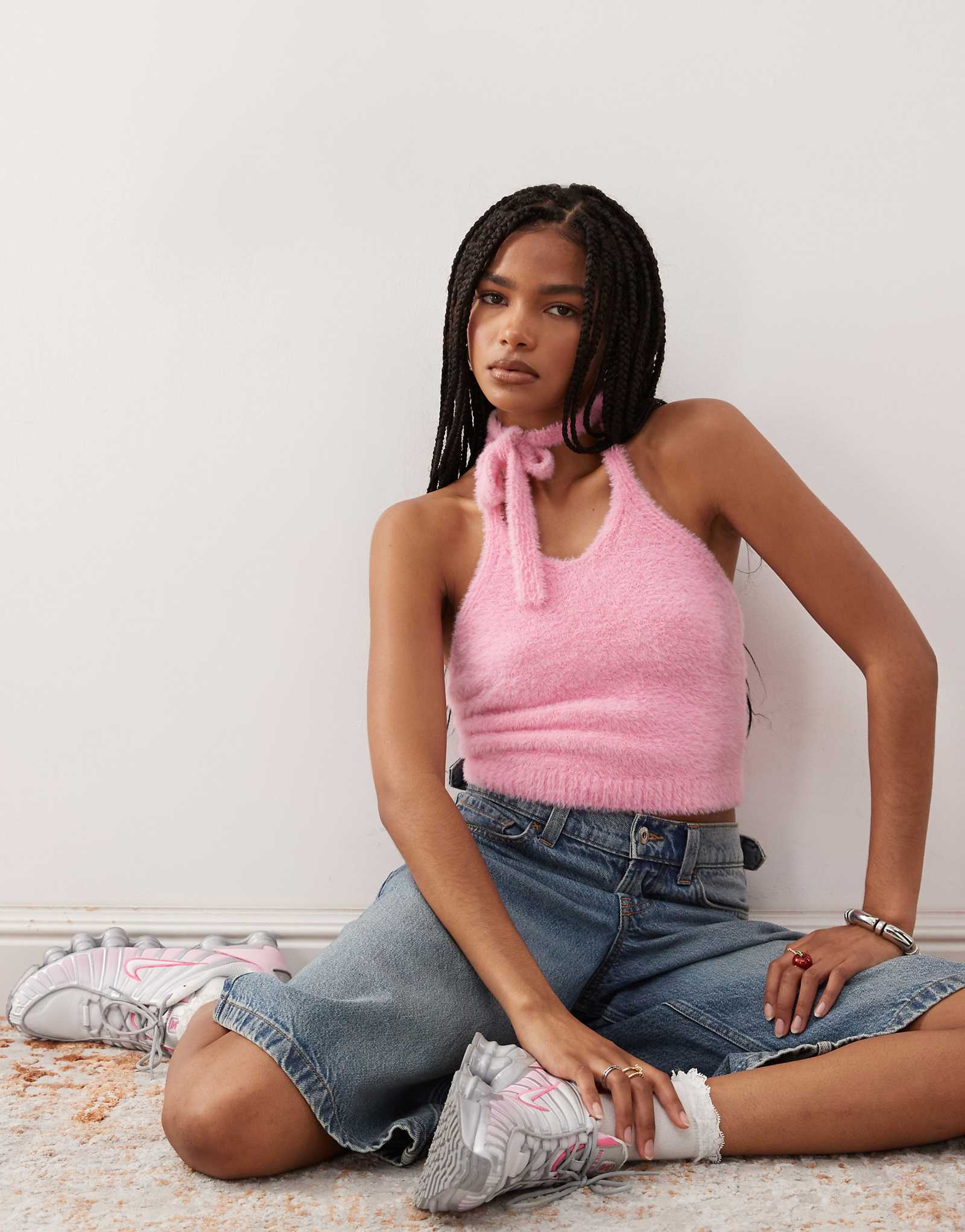 COLLUSION fluffy knit tie back halter top 2890₽