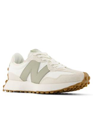 Женские кроссовки New Balance 327 белого и бежевого цветов со светло-зелеными деталями
