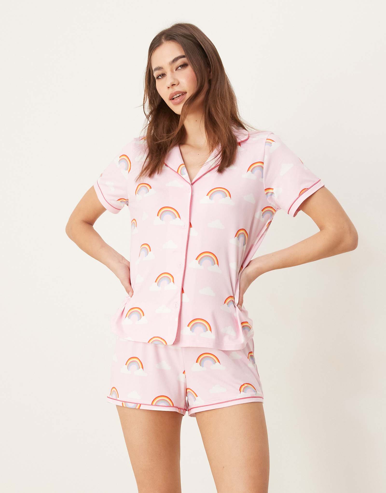 Urban Threads camp collar short sleeve pajama shirt and shorts set in rainbow print 6390₽