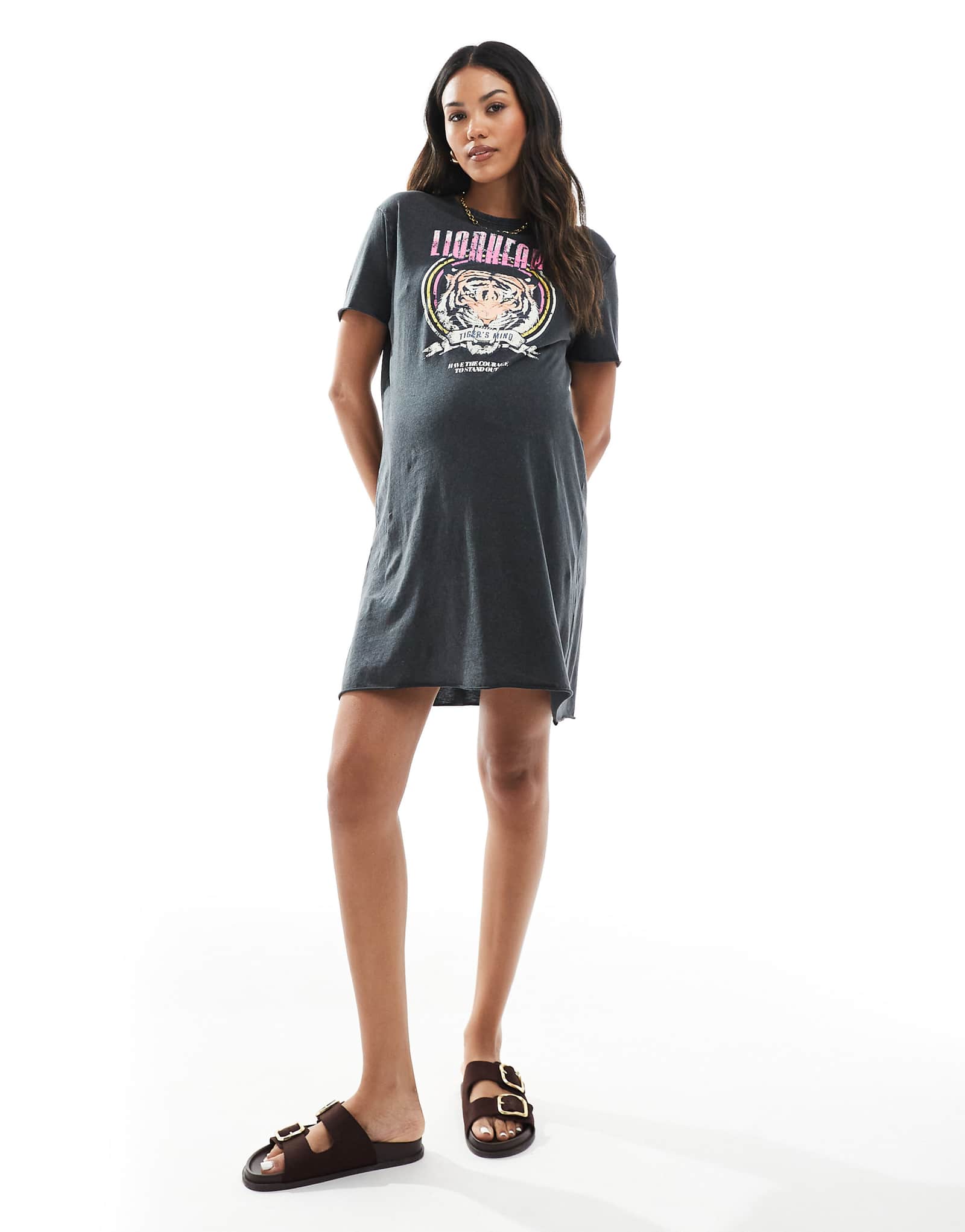 ONLY Maternity tiger print t-shirt mini dress in dark gray