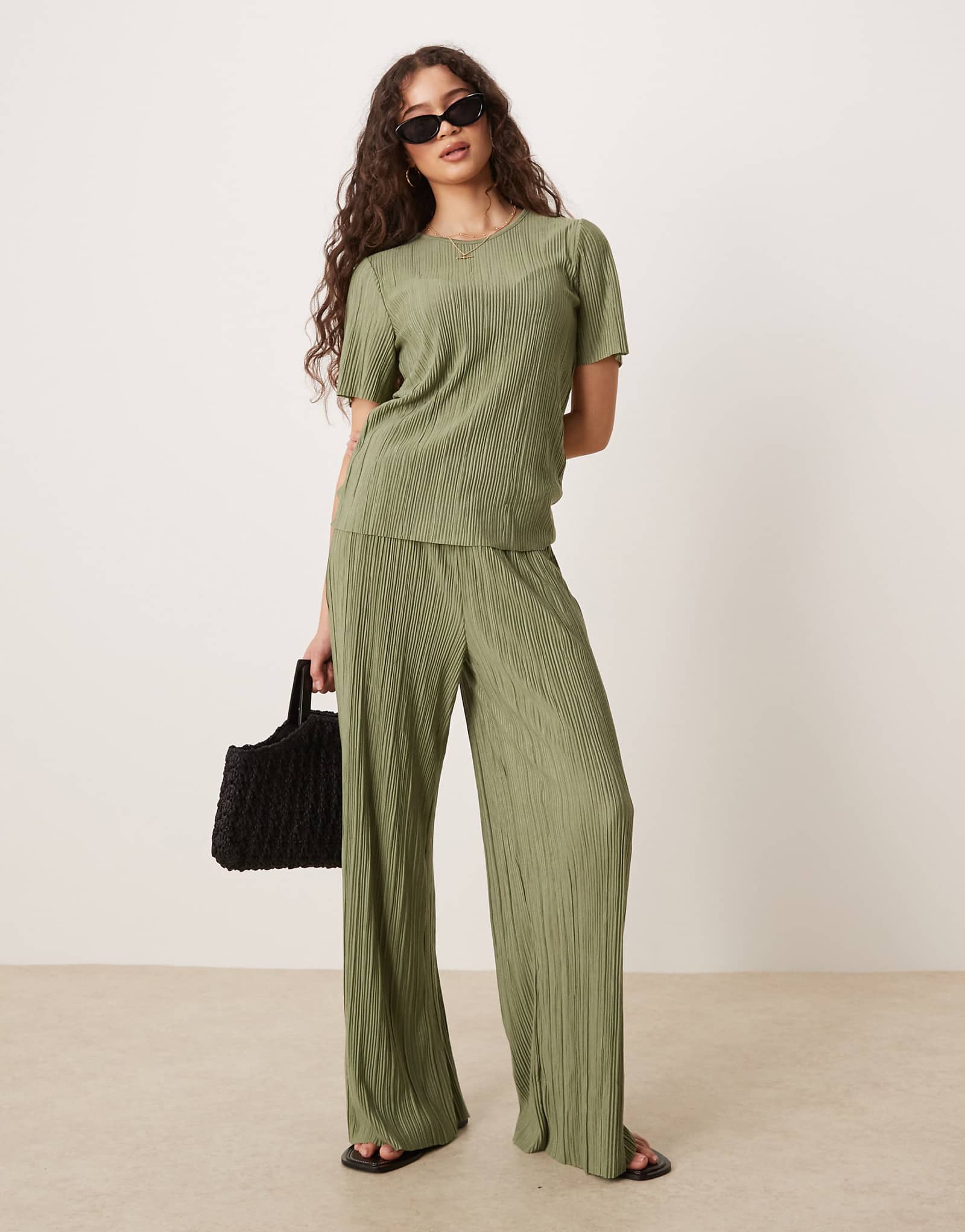 Vila wide leg plisse pants in oil green - part of a set