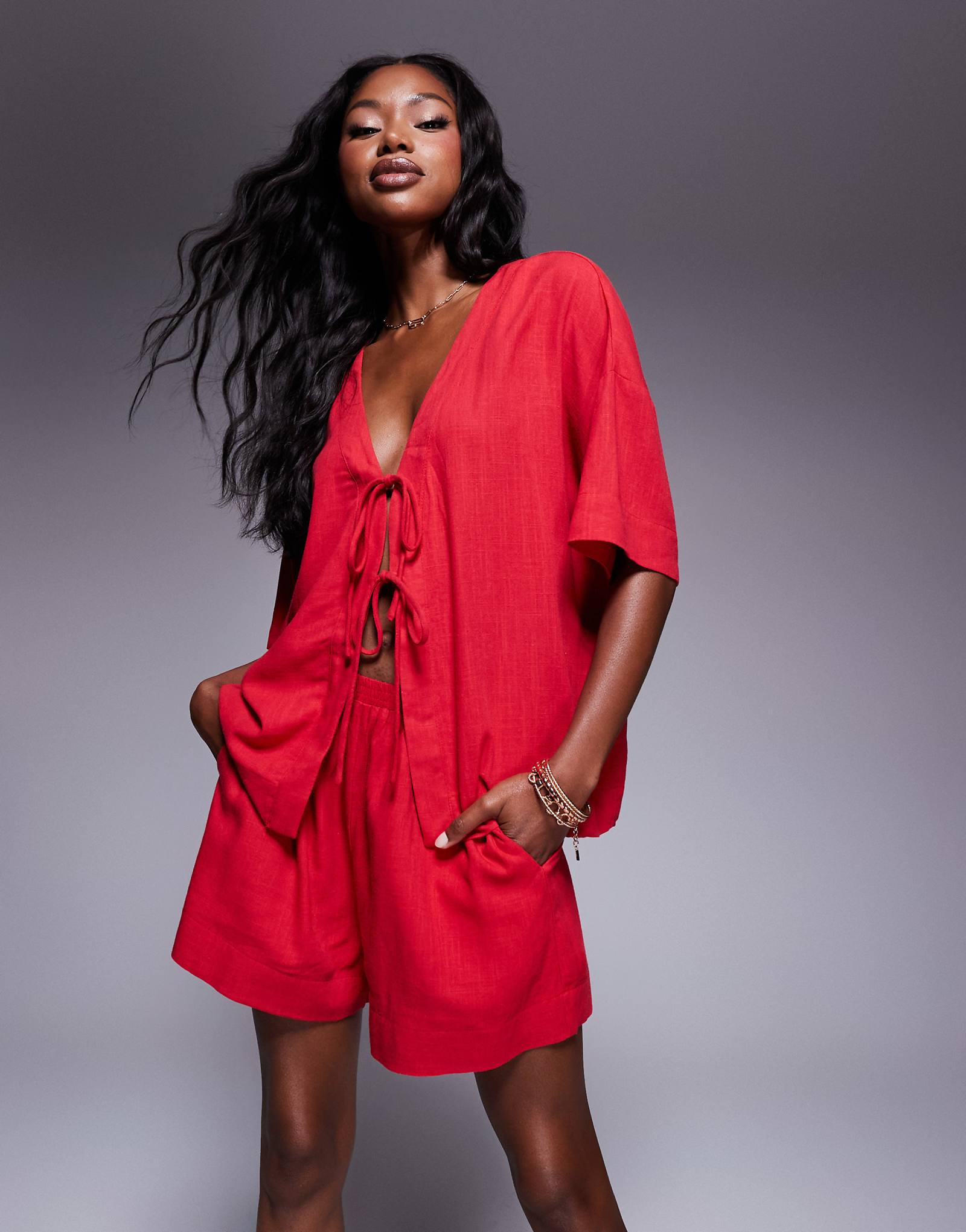 Princess Polly linen blend tie front shirt and shorts full set in red 11890₽